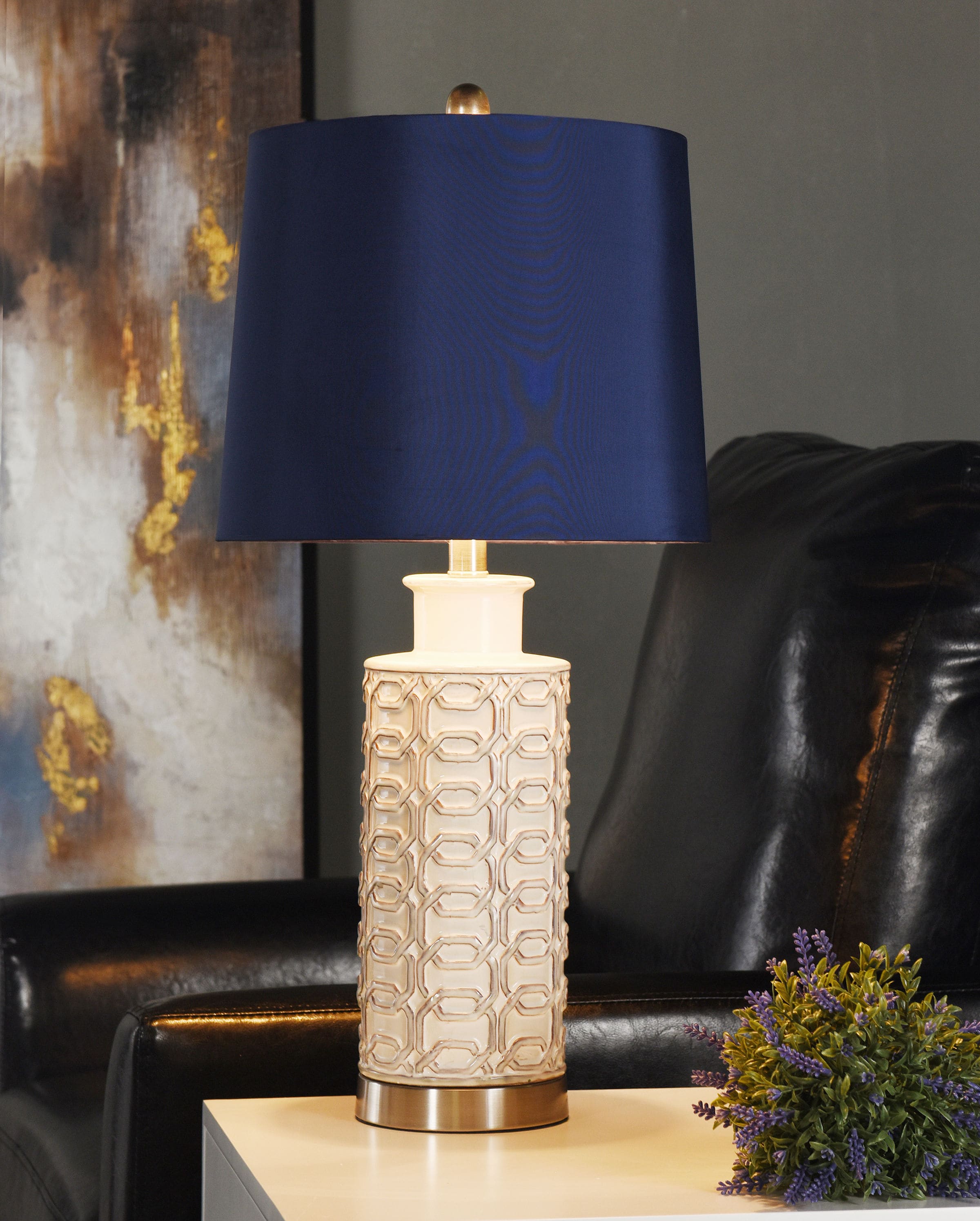 Blue and Cream Ceramic Table Lamp with Steel Accents
