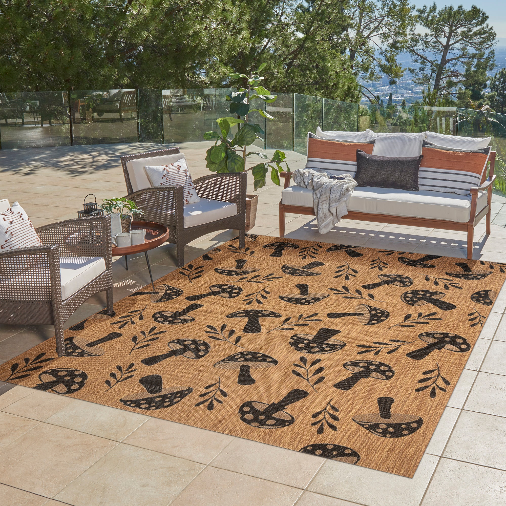 Whimsical Black and Chestnut Floral Polypropylene 8' x 10' Area Rug