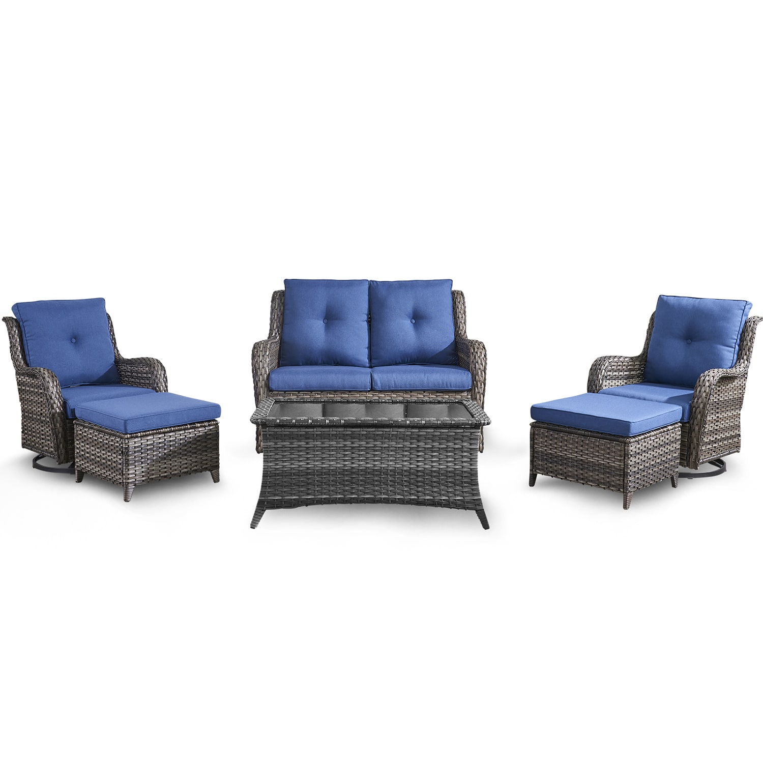 Rilyson FS039019024016-1 Curved Handrail 6 -Piece Wicker Patio Sofa Conversation Set with Blue Cushions