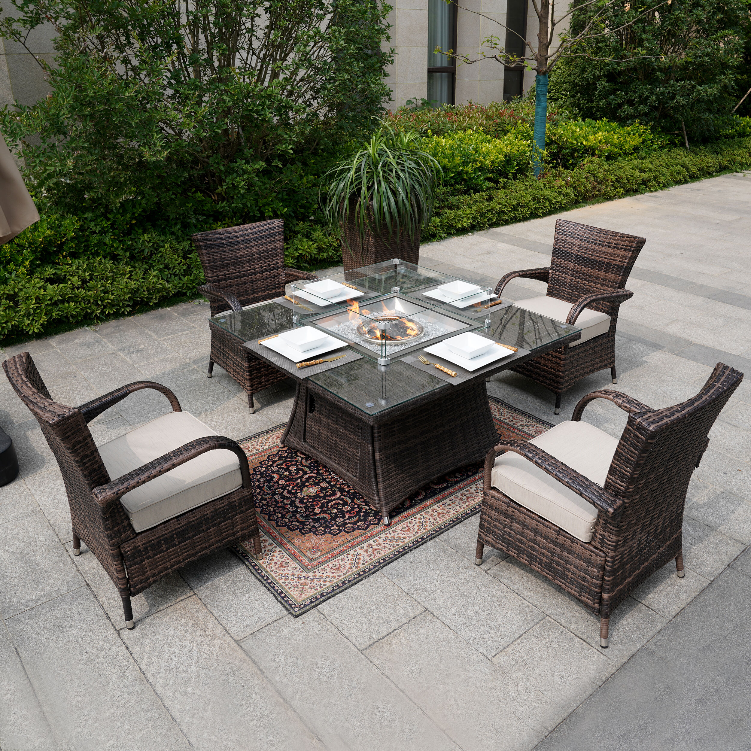 Moda Furnishings CMAG-1104-1122 Casty 5 -Piece Brown Wicker Patio Dining Set Wicker Square Table with 4 Tan Cushions Stationary Chairs Fire Pit Included