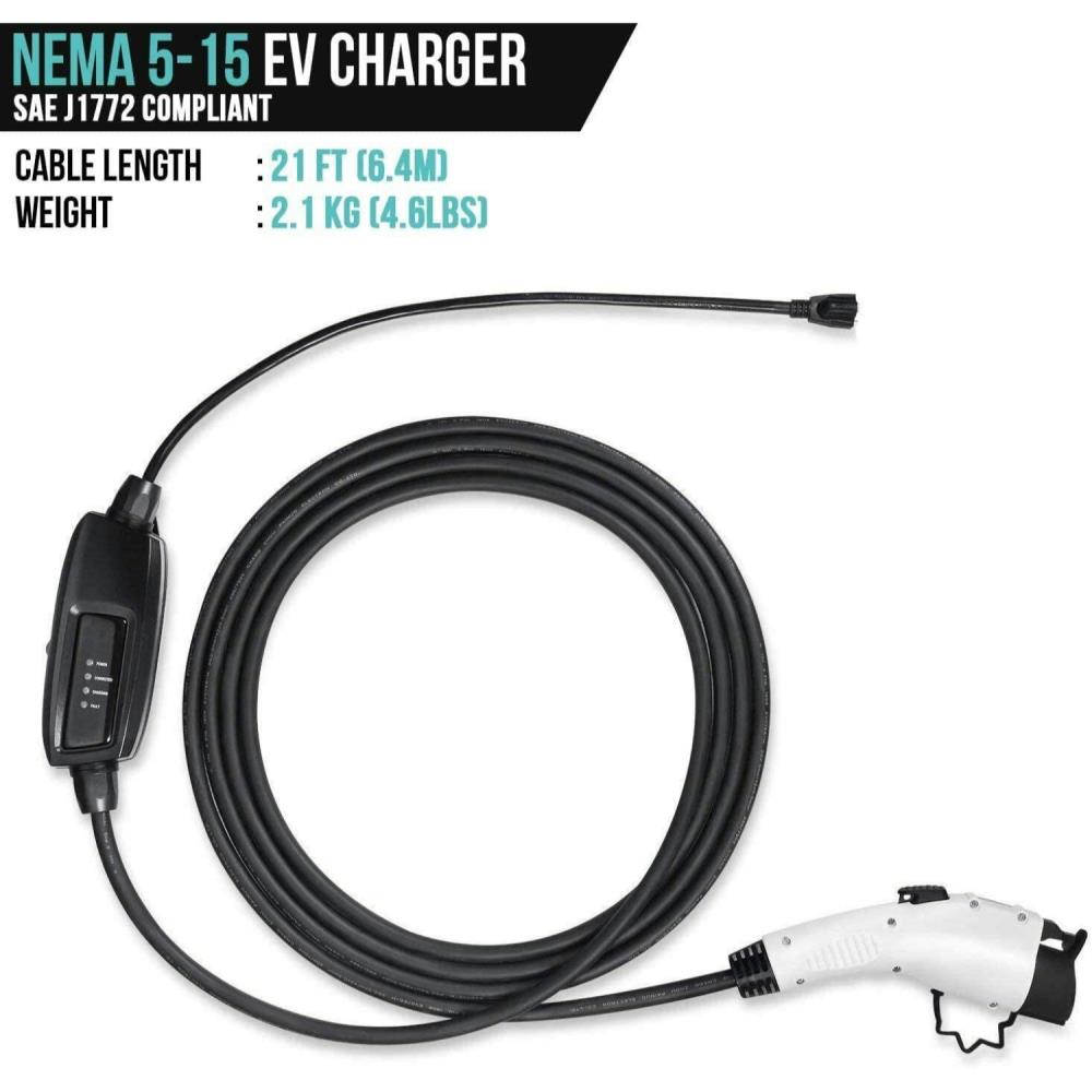 BESENERGY Level 1 EV Charger 15A 110V Portable J1772 Charger 20ft NEMA 5-15  EV Charging Cable Compatible with All EV Cars