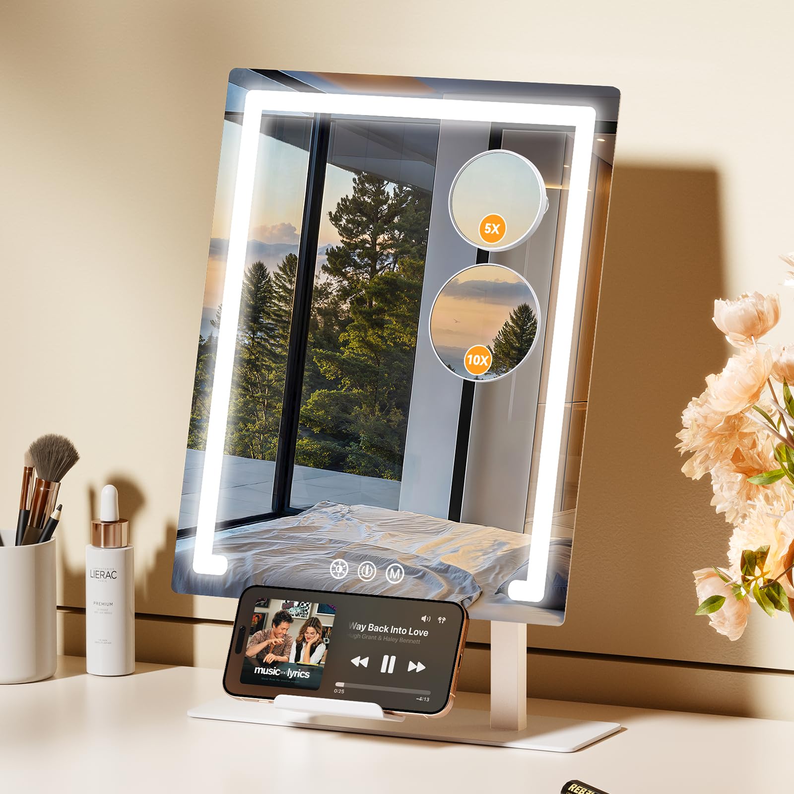 OMOMMD - Lighted Makeup Mirror 4000mAh Rechargeable Vanity 5X 10X Magnification 3 Color Dimmable ...
