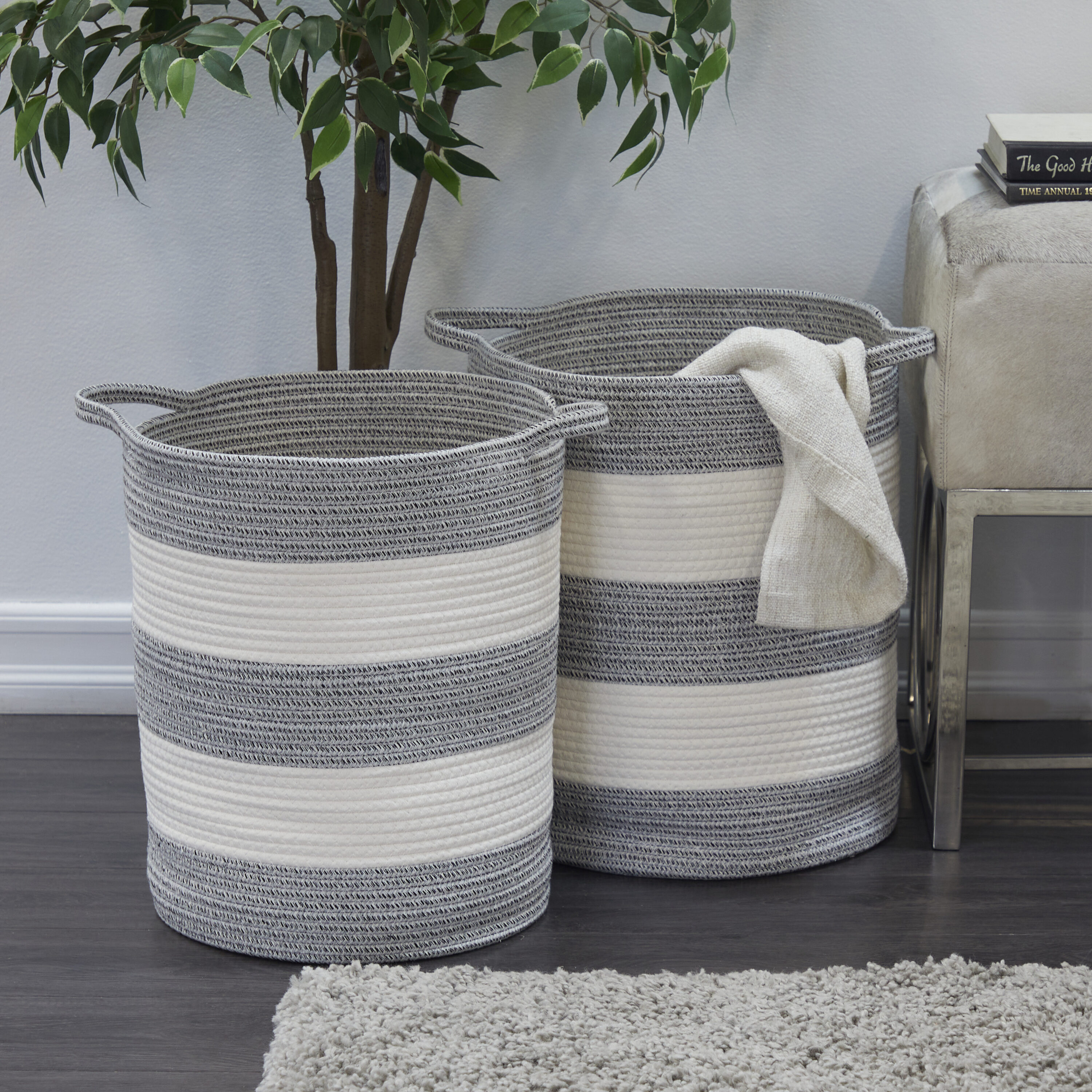 2-Pack (17-in W x 19-in H x 16-in D) Gray Handmade Striped with Handles Cotton Stackable Basket | - Grayson Lane 30264