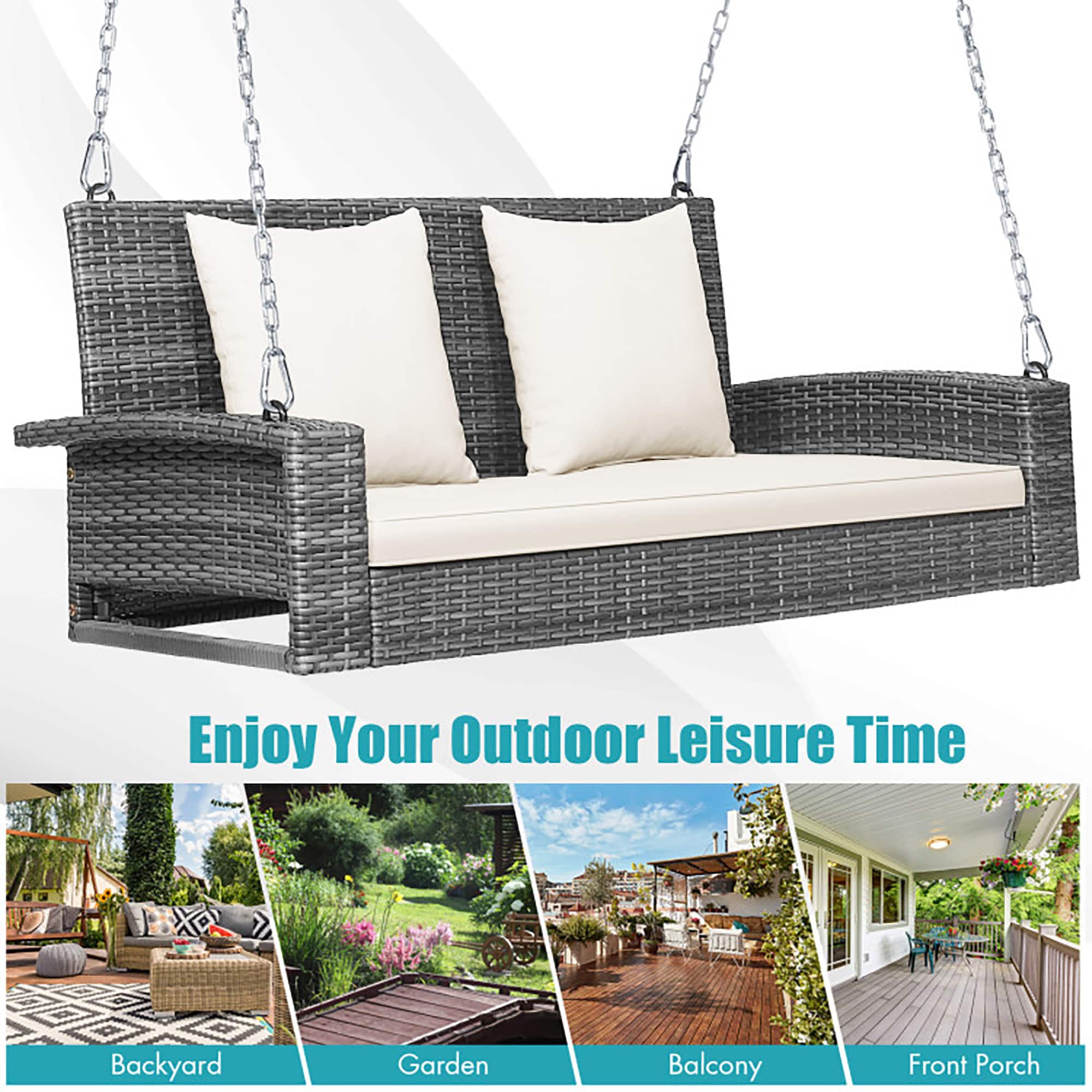 Gray Steel Frame Porch Swing with White Cushions