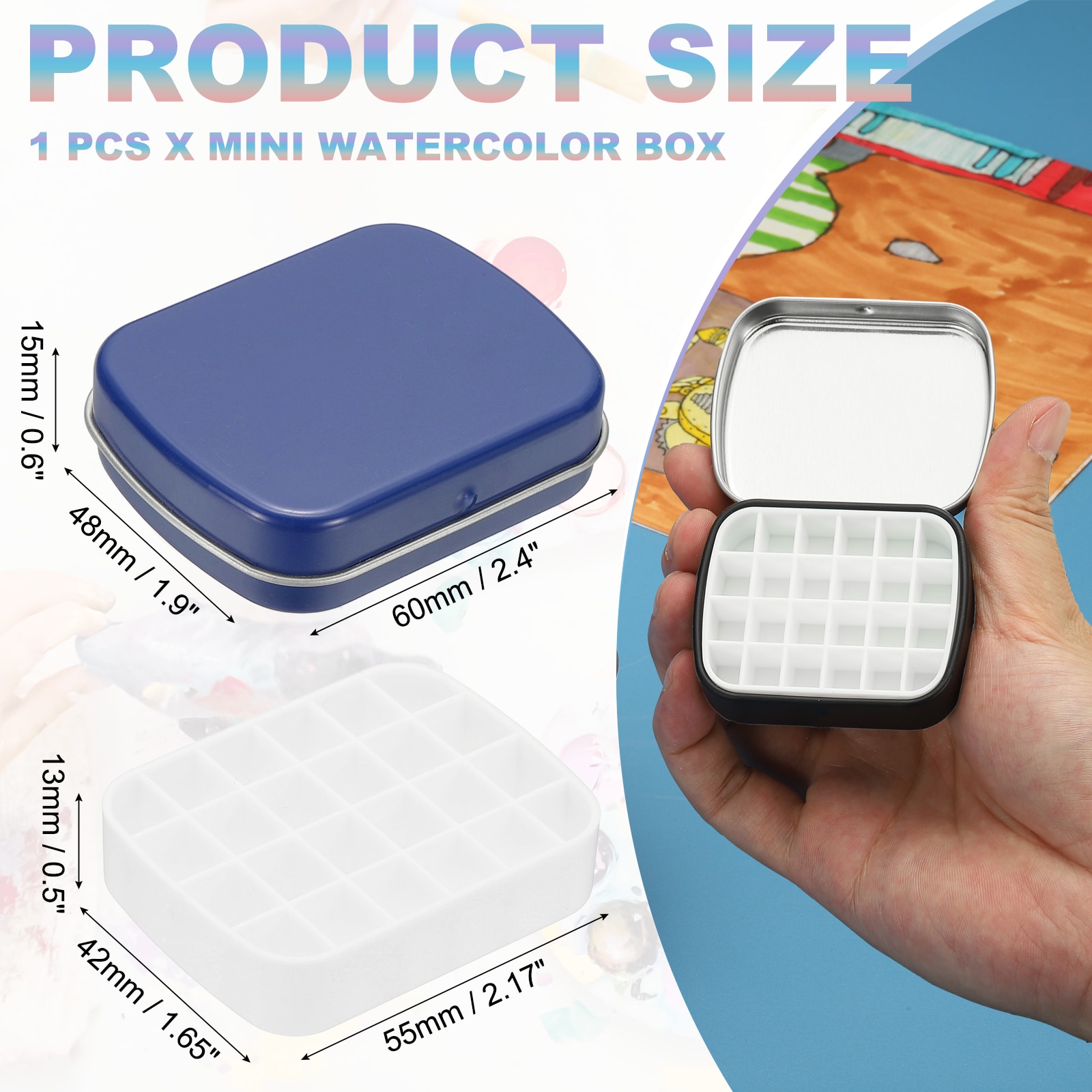 PATIKIL 24 Wells Mini Paint Tin Box Mini Travel Empty Watercolor Tin ...