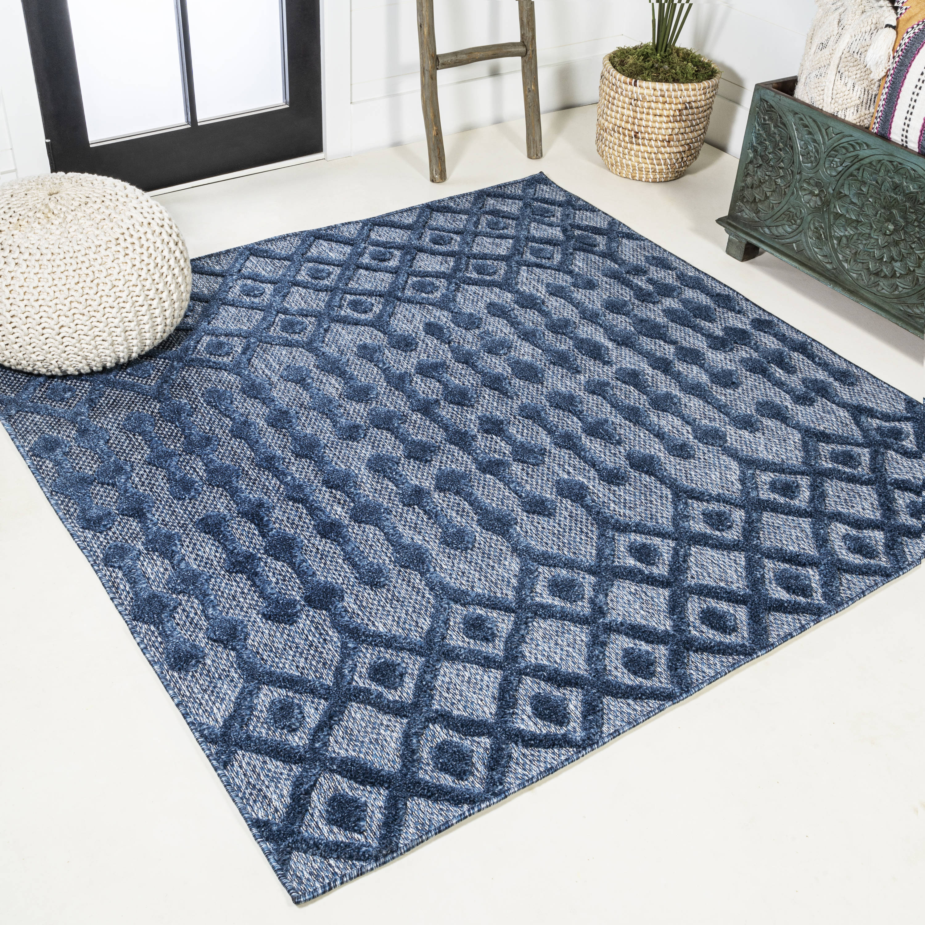 JONATHAN  Y IBZ103B-5SQ IBIZA Peralta Moroccan Diamond 5 x 5 (ft) Loomed Polypropylene Navy Square Indoor/Outdoor Geometric Bohemian/Eclectic Area rug