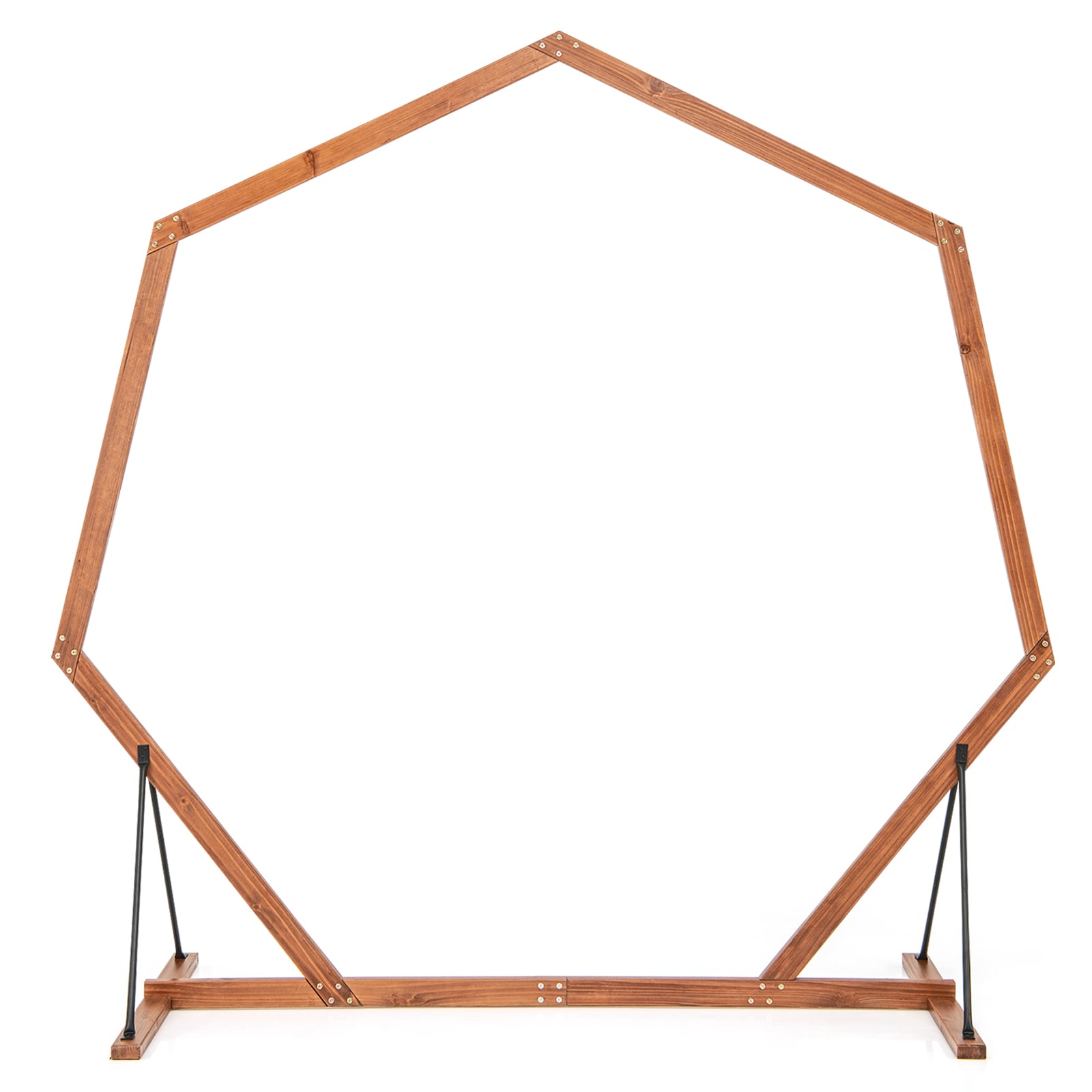 Slickblue D-CO-NB90811PN 7.2 FT W x 7 FT H- Heptagon Brown Fir Wood Garden Arbor with Triangular Support for Indoor Outdoor Weddings