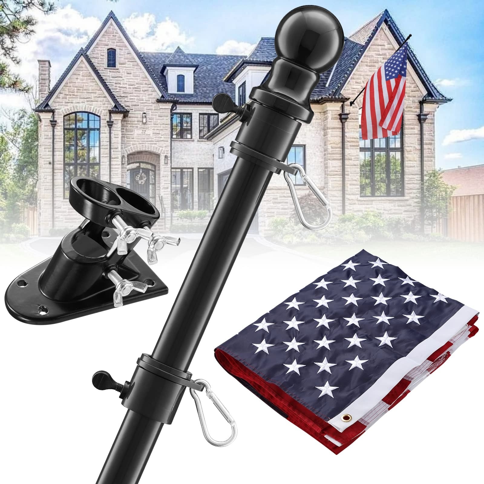 ITOPFOX  6ft Outdoor Flag Pole Kit with 3x5 Embroidered US Flag Heavy Duty Stainless Steel Pole Tangle Free Rings Two Position Bracket for House