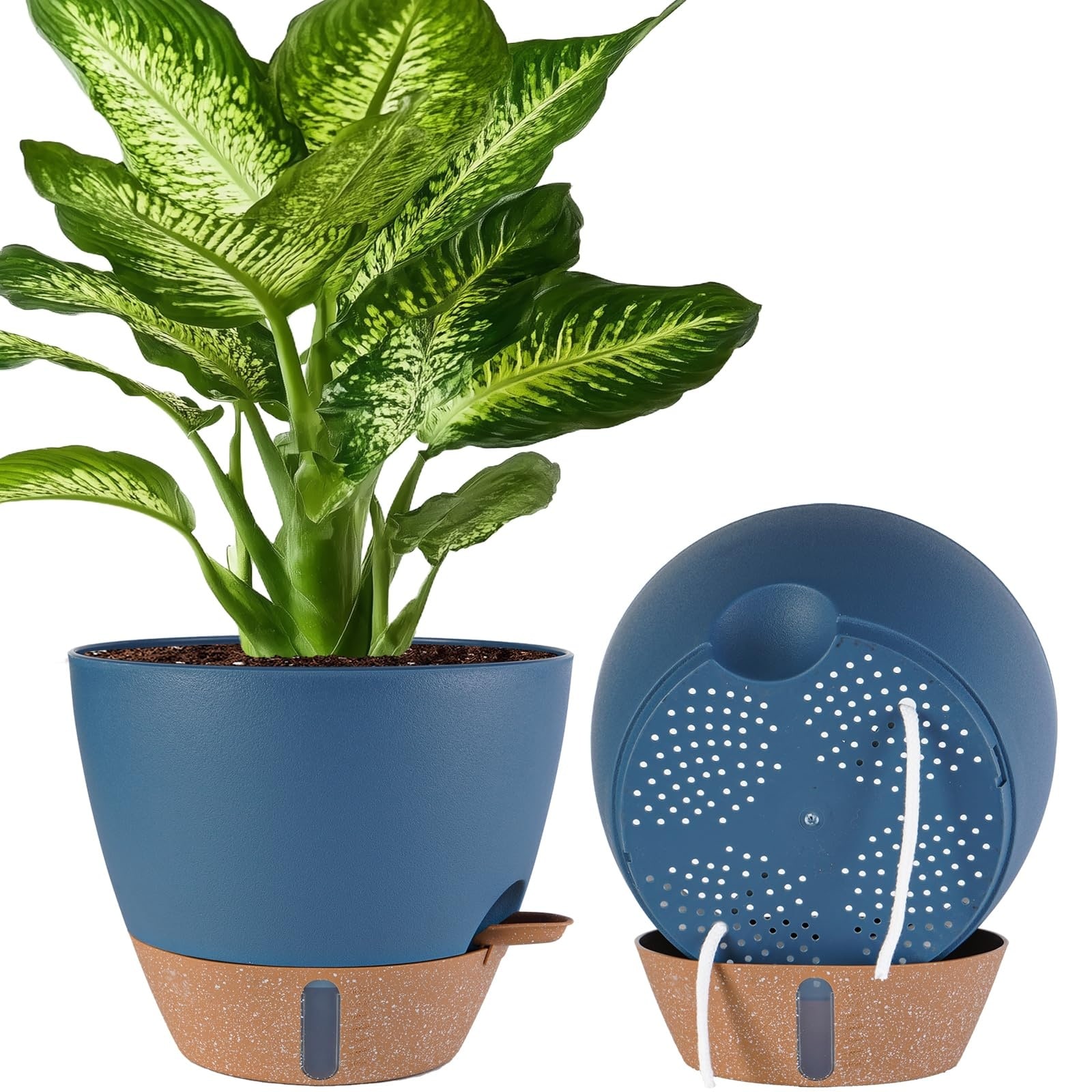 ITOPFOX 2 pack 10 inch self watering plastic plant pots with drainage holes deep reservoir water level indicator navy blue for indoor outdoor #L05IT09064