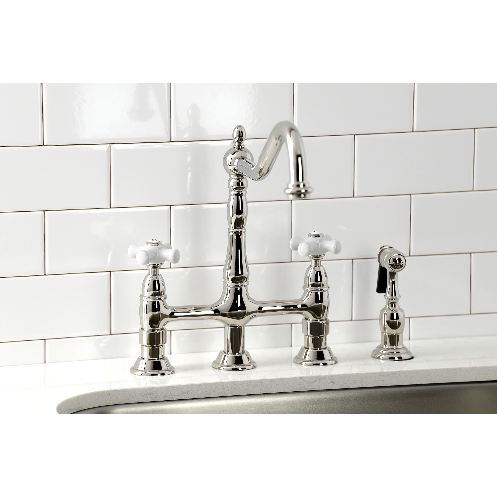 Kingston Brass WLKS1276PXBS Heritage Polished nickel Double Handle Deck-mount Bridge Kitchen Faucet with Sprayer ( Side Sprayer Included )