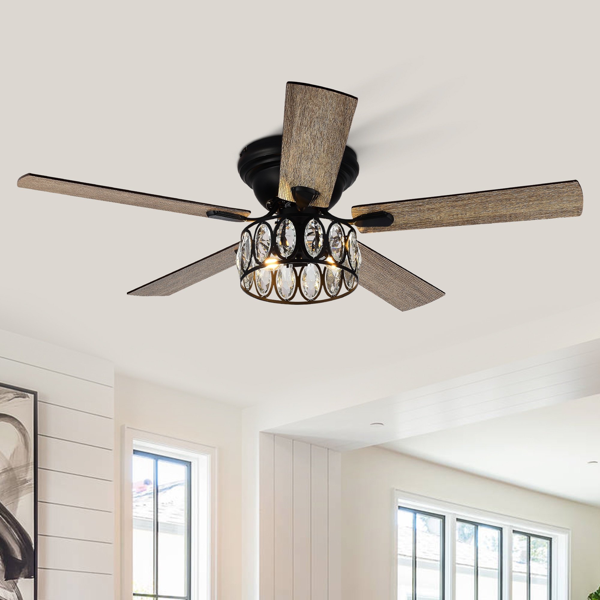 Breezary 24002-ORB-A1 52-in Flush Mount Black with Light brown Blades Chandelier Ceiling Fan With Light - Remote Included ( 5 -Blade )