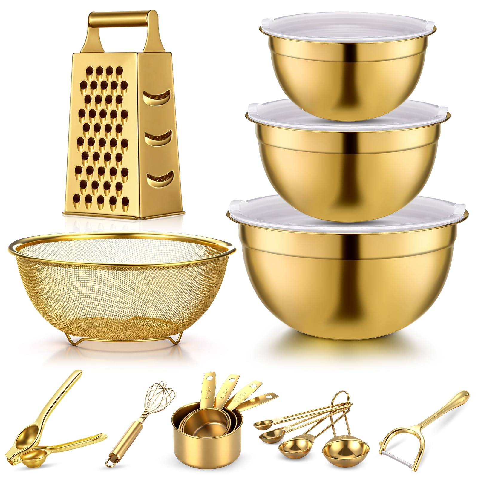 Aoibox  10 Piece Gold Stainless Steel Kitchen Accessory Set with Mixing Bowls Colander Grater and Strainers