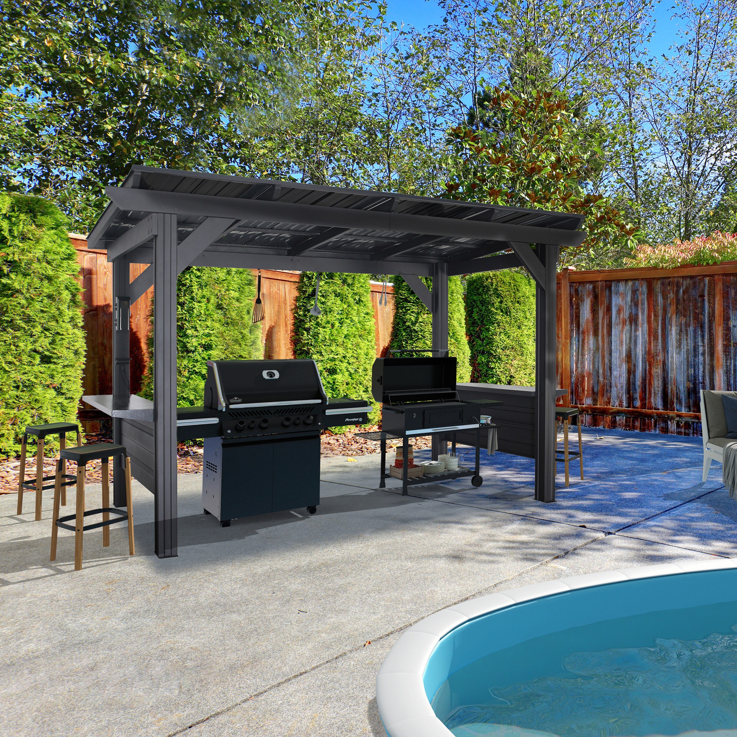 Rockport XL Black Steel Grill Gazebo with Countertops
