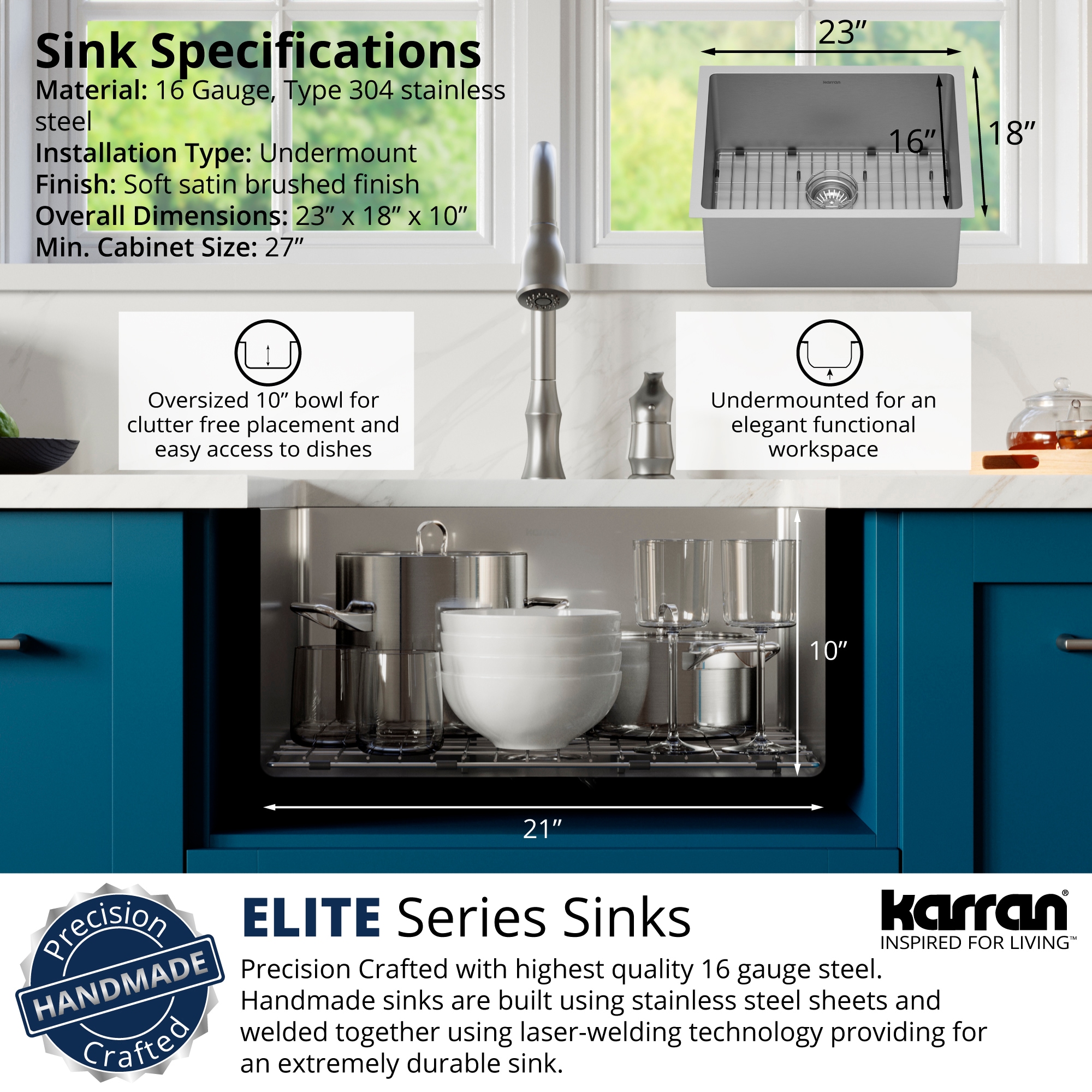 Elite 23" Stainless Steel Single Bowl Undermount Kitchen Sink