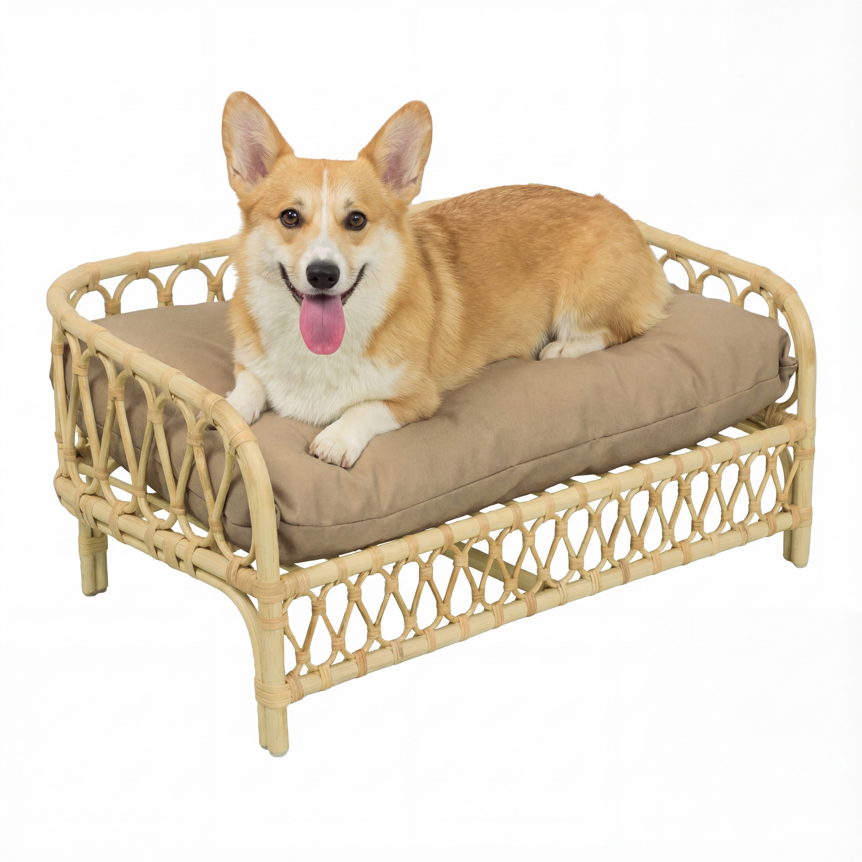 The Licker Store Elevated 27.5 in. x 17 in. Bohemian Handwoven Rattan Pet Daybed with Machine-Washable Cushion - Light Brown