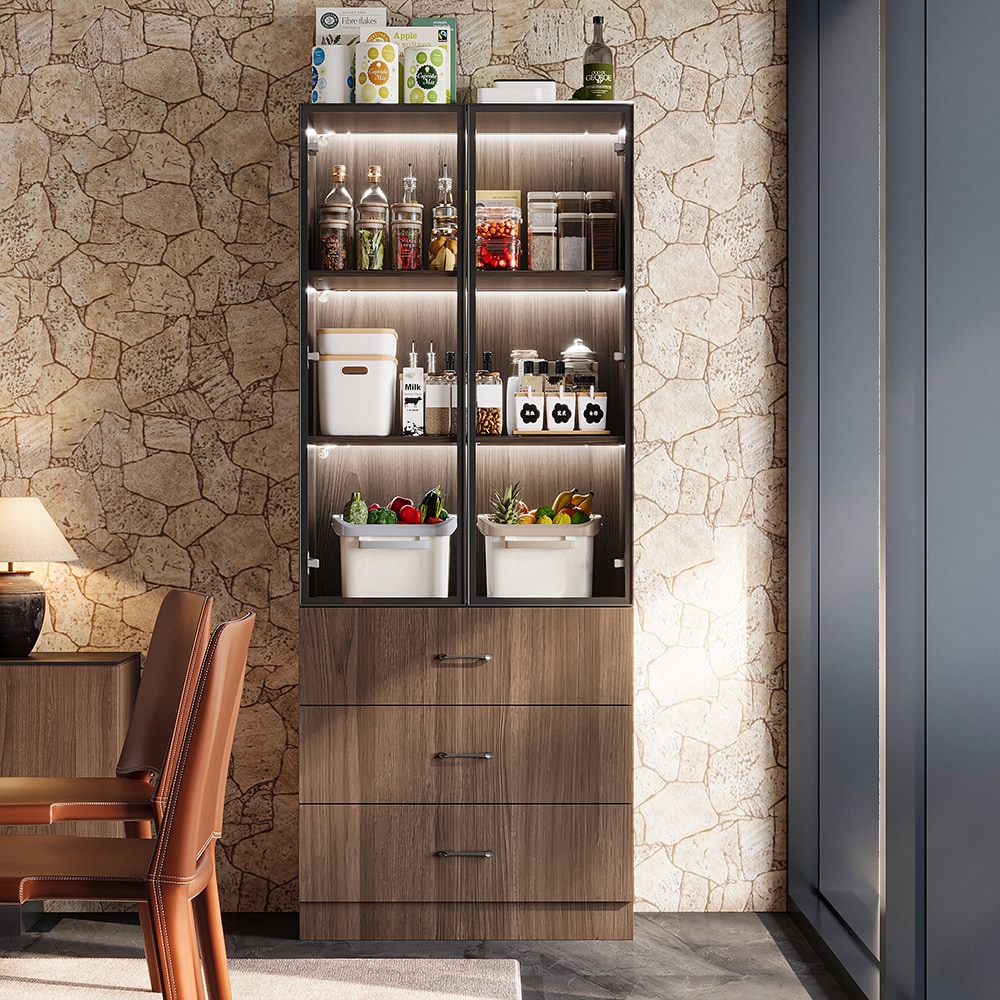 Homsee C-KF020461-01 Modern Kitchen Storage Cabinet with 2 Glass Doors LED Lighting Shelves and 3 Bottom Drawers for Kitchen or Dining Room Contemporary Cabinet 31.5''L x 15.7''W x 78.7''H Brown