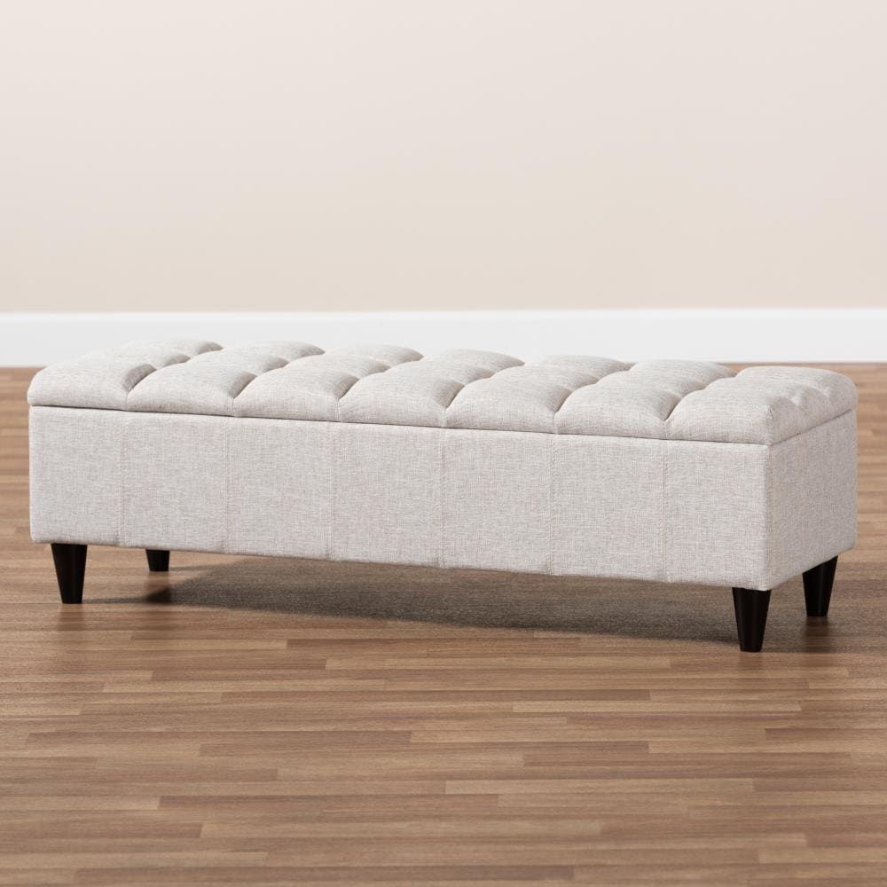 Beige Tufted Fabric Storage Bench with Dark Wood Legs