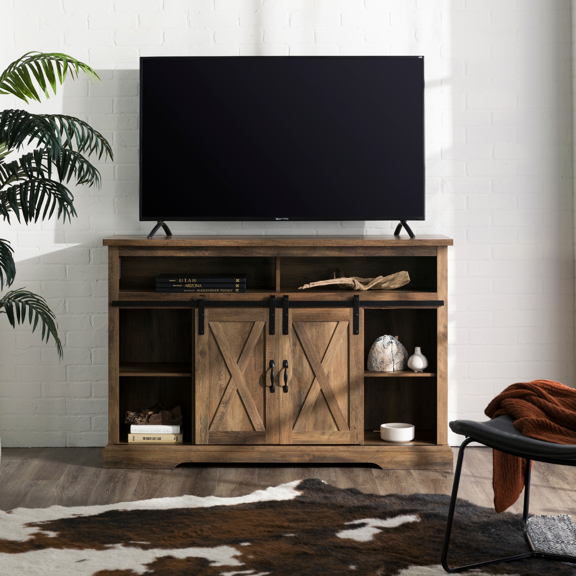 Walker Edison Transitional Rustic Oak Tv Stand (Accommodates TVs up to ...