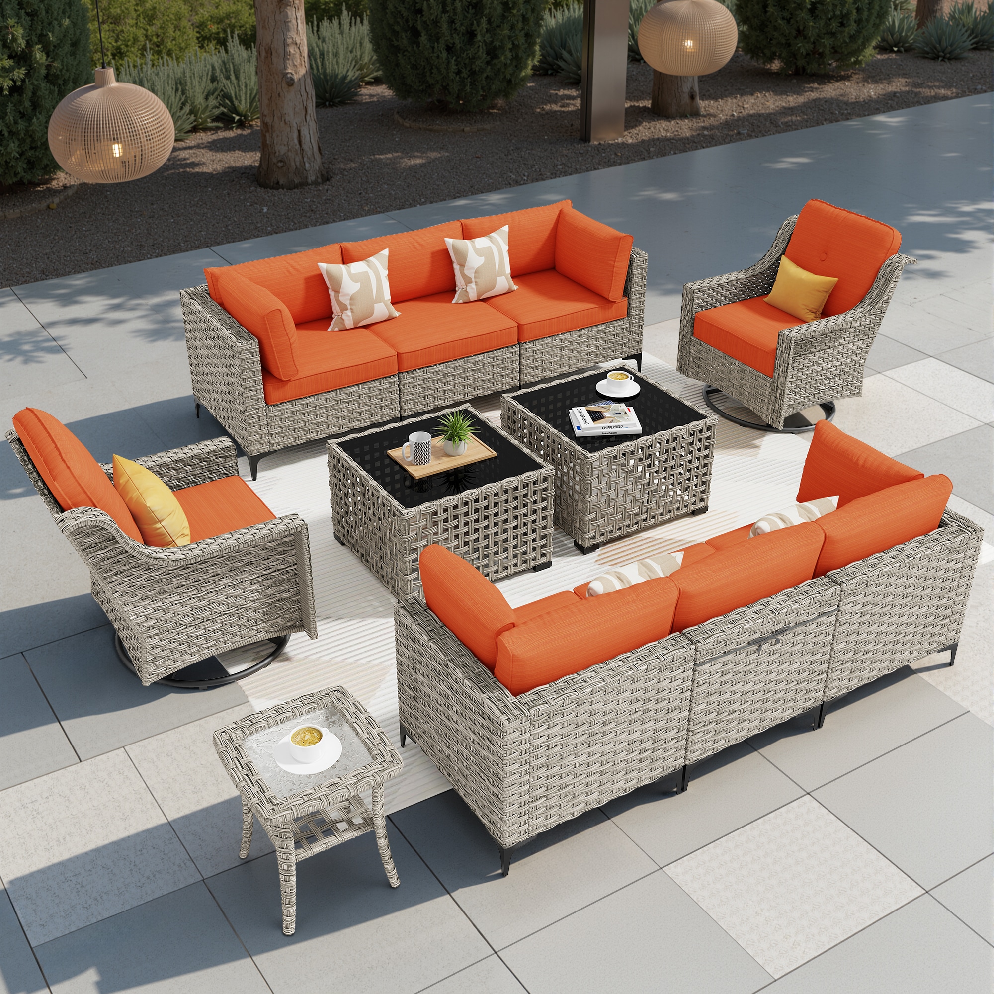 weaxty DSCRRSPAD80C11 Lotus 11 -Piece Rattan Patio Conversation Set with Orange Cushions
