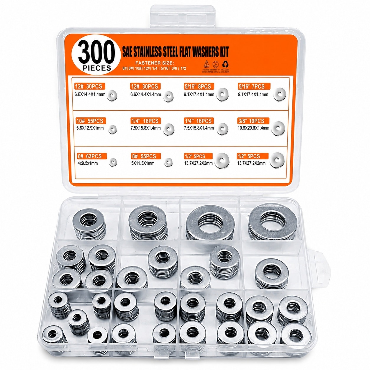 Linder Group Inc Stainless Steel Flat Washers Assortment Kit SAE 304 300 Piece Set Eight Sizes for Bolts Automotive Marine Outdoor Repair Projects Uniform #L3FI3TTG