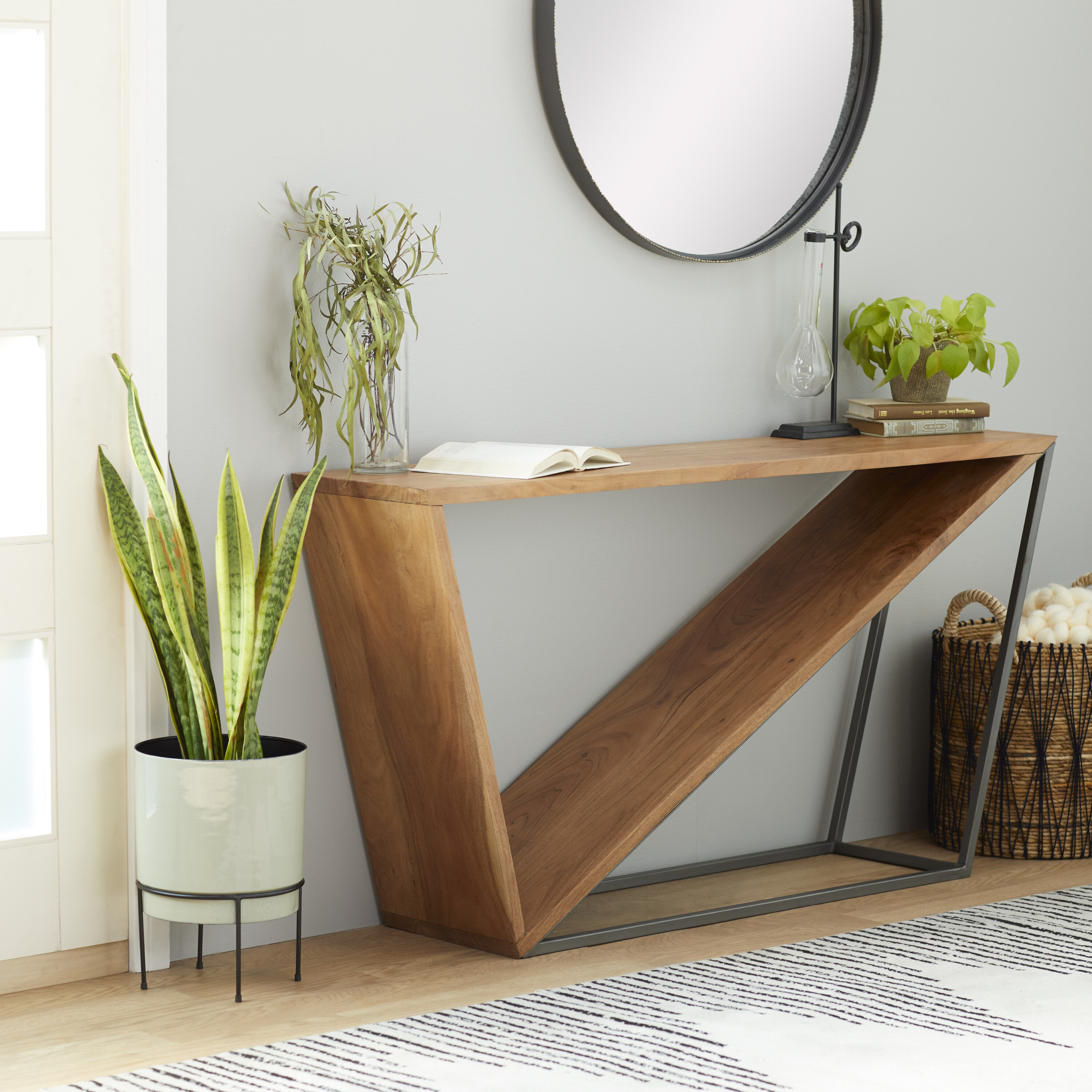 Grayson Lane 28817 Modern Brown Diagonal Open Frame with Grey Metal Base Console table