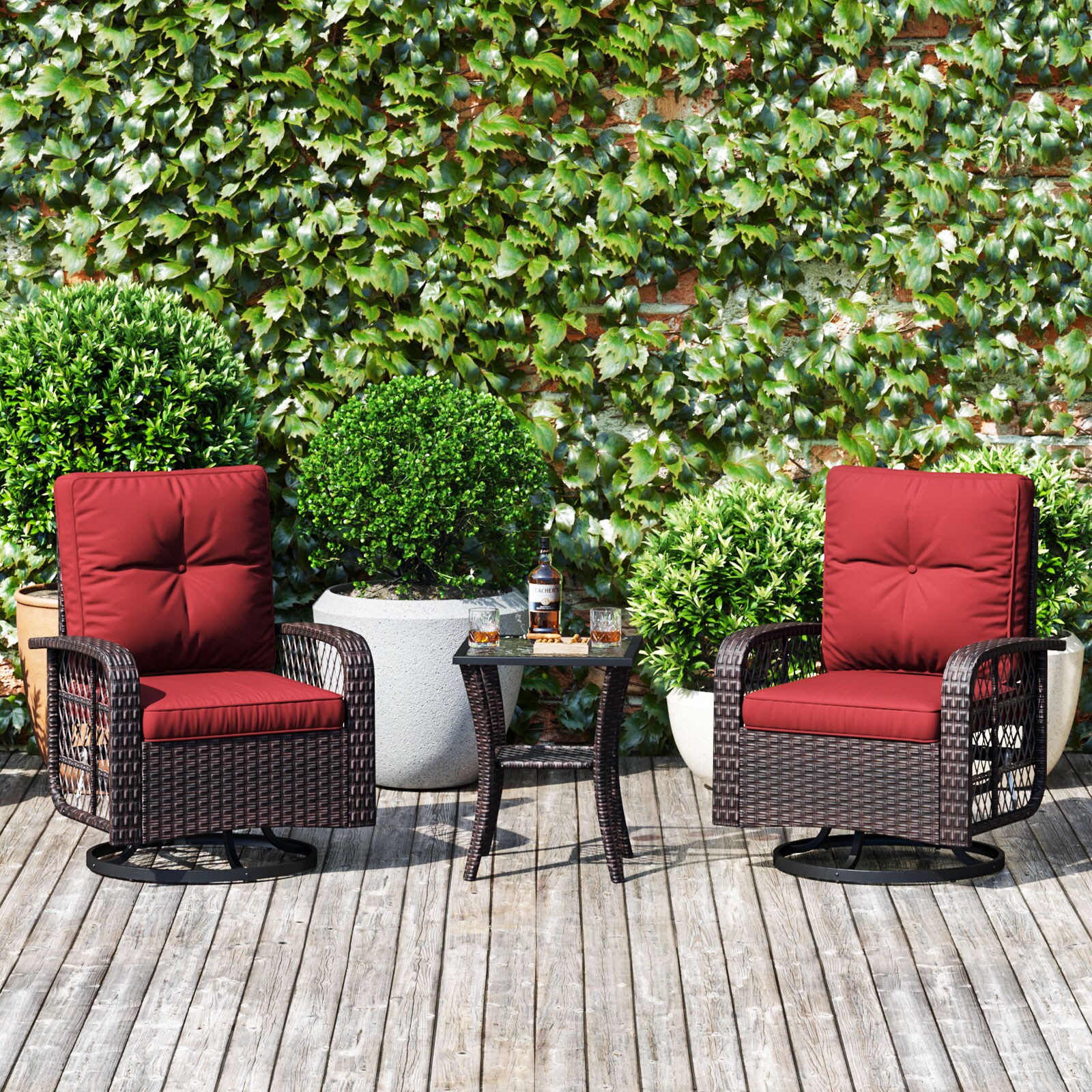 Red Cushioned Wicker Patio Bistro Set with Swivel Rocking Chairs