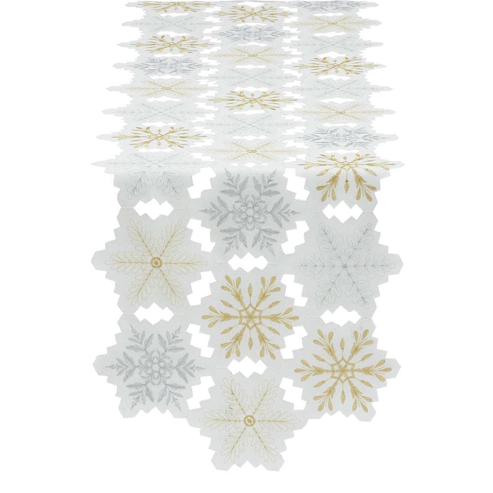 Silver and Gold Embroidered Snowflakes Polyester Table Runner