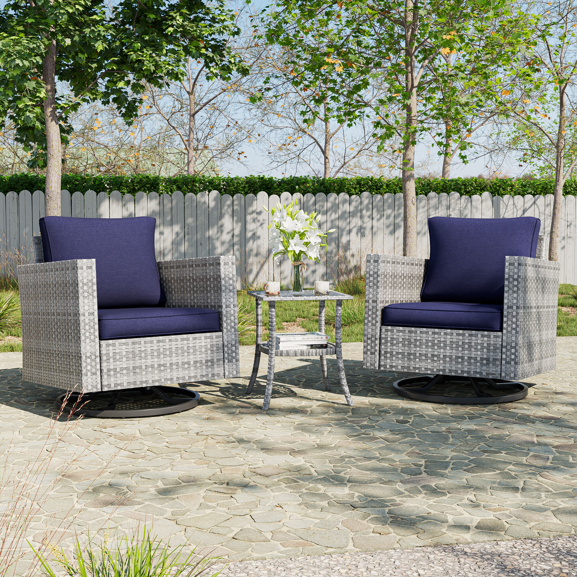 ACEGOSES LW-2RT2-HNY Skytop 3 -Piece Wicker Patio Conversation Set with Blue Cushions