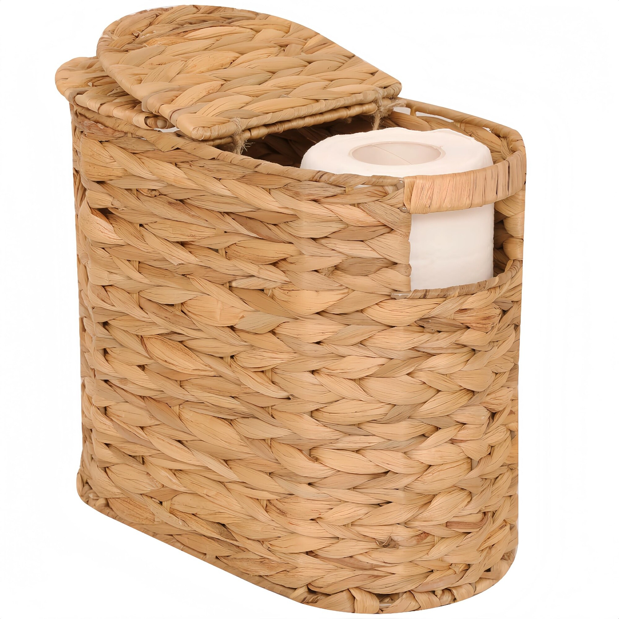AKSCYZM  Toilet Paper Storage Basket with Lid Handwoven Water Hyacinth Basket with Built in Handles for Four Rolls Bathroom Organizer