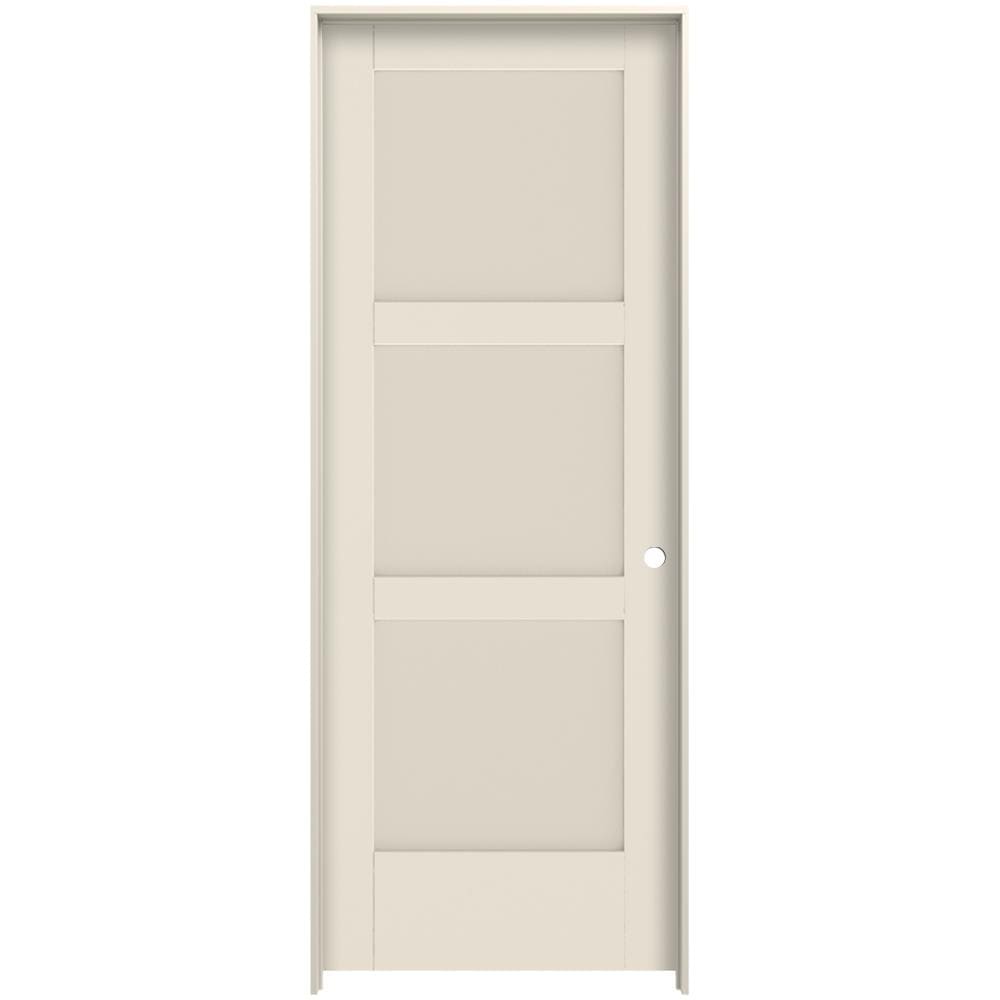 JELD-WEN LOWOLJW229400008 32-in x 80-in Primed Solid core 3-panel square Left hand Smooth Primed MDF Flat Jamb Single Prehung Interior Door