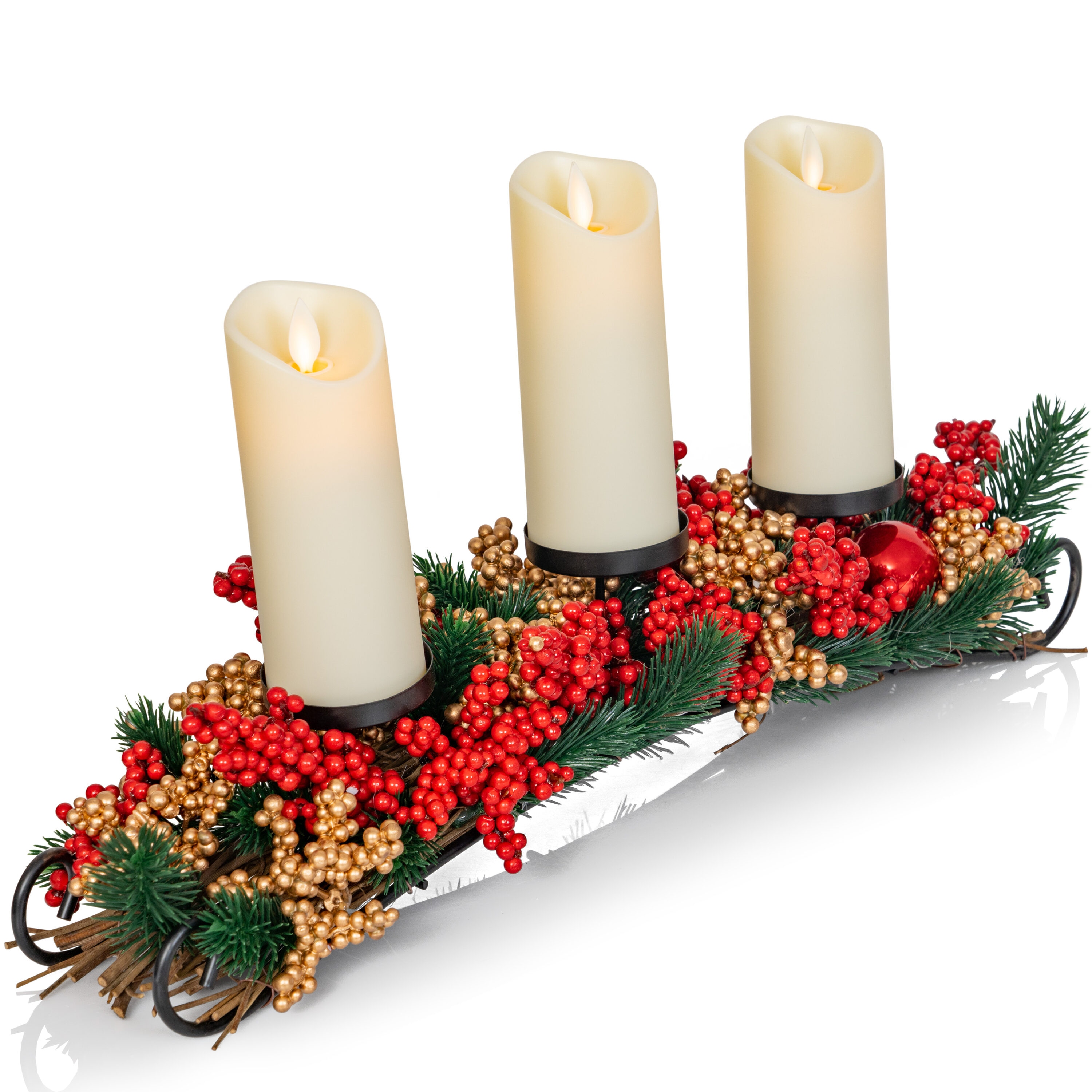 Winter Elegance 20" Iron Sleigh Candle Holder with Red and Gold Berries