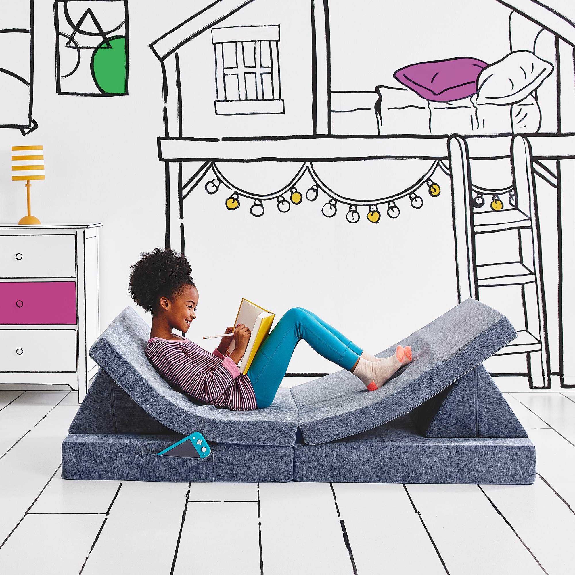 Yourigami 3076072 Folding Convertible Kids and Toddler Play Couch 31-in Blue Lagoon Upholstered Stackable Kids Accent Chair