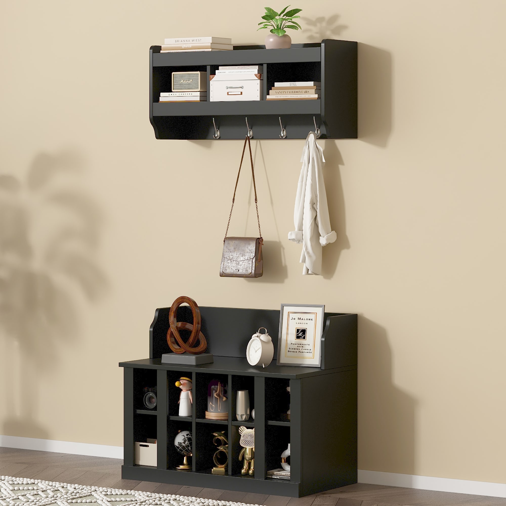 LUXEYARD Shoe Storage Bench with Shelves and 4 Hooks Elegant Hall Tree with Wall Mounted Coat Rack Entryway Organizer For Hallway Foyer Mudroom Black #DS-M-BAC02792