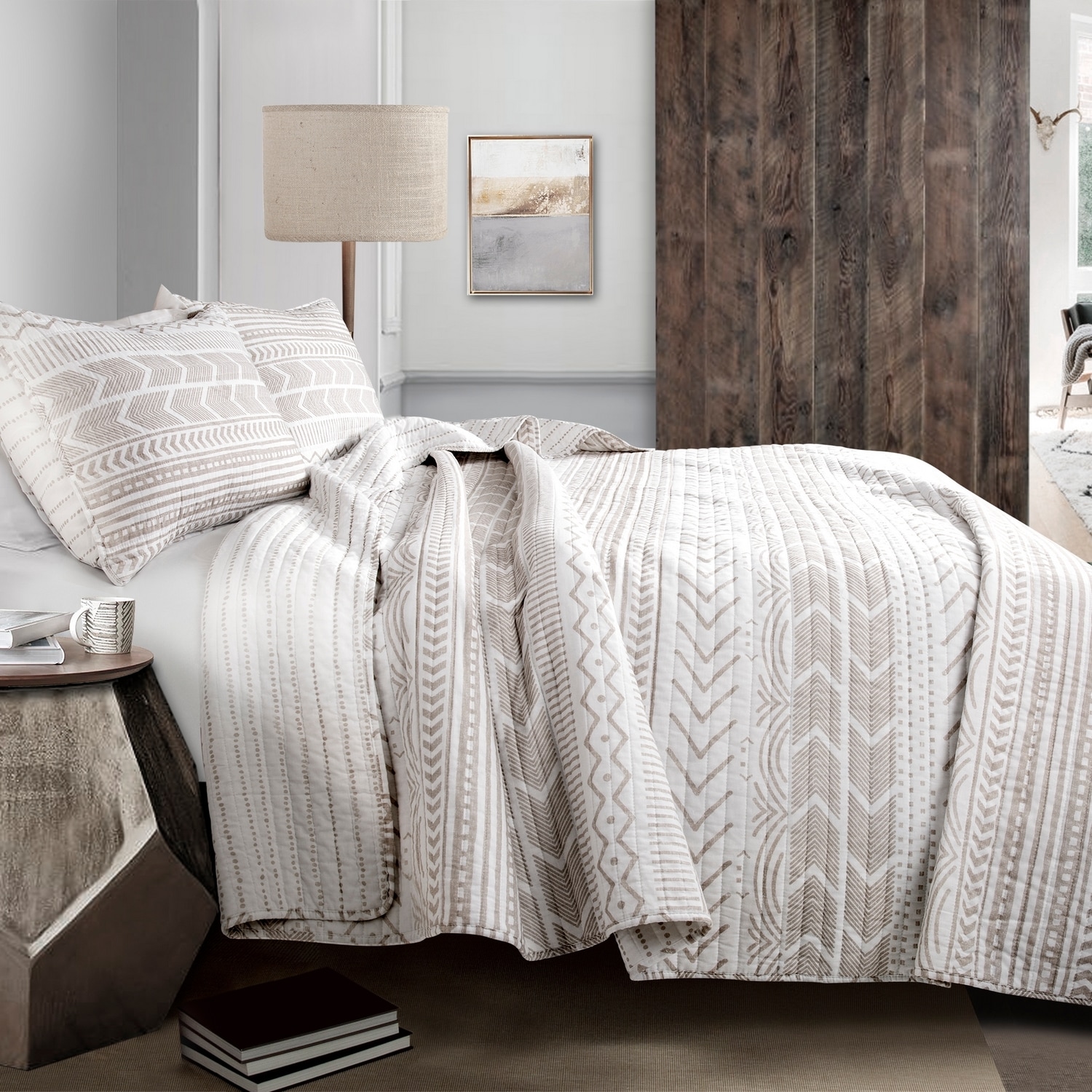 King Taupe and White Cotton Reversible Quilt Set