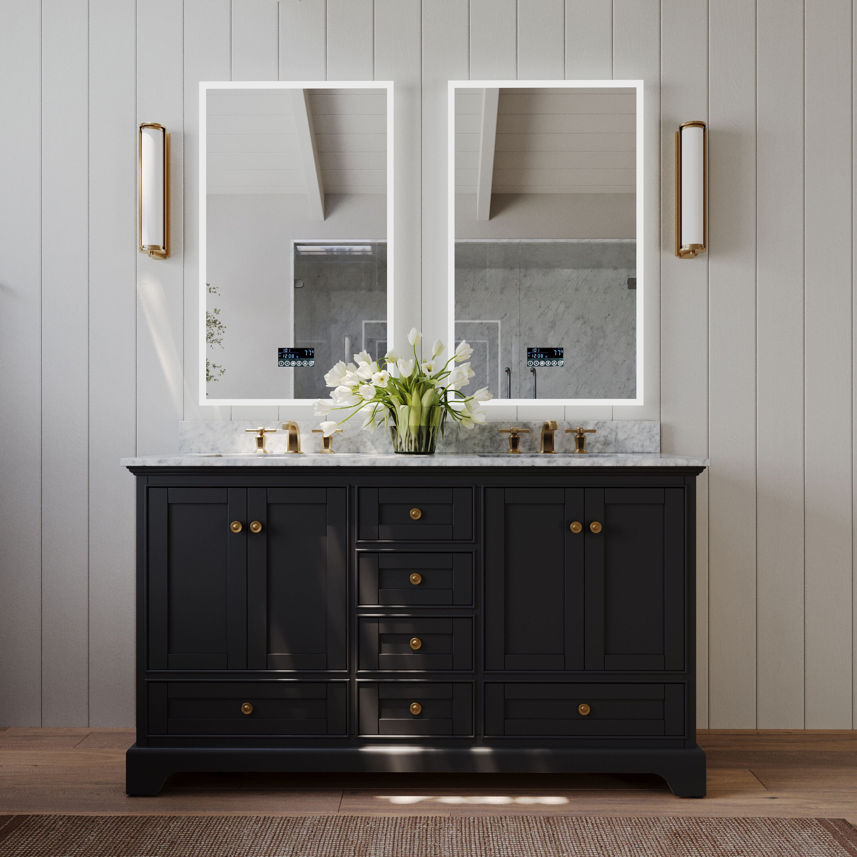 Ancerre Designs VTS-AUDREY-66-BOCWGD Audrey 66-in Black Onyx Undermount Double Sink Bathroom Vanity with Carrara White Natural Marble Top