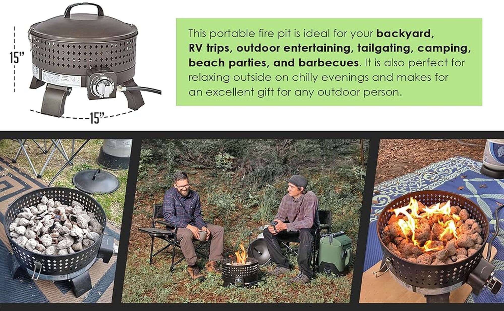 Dark Bronze Portable Gas Fire Pit with Propane Stand, 15"