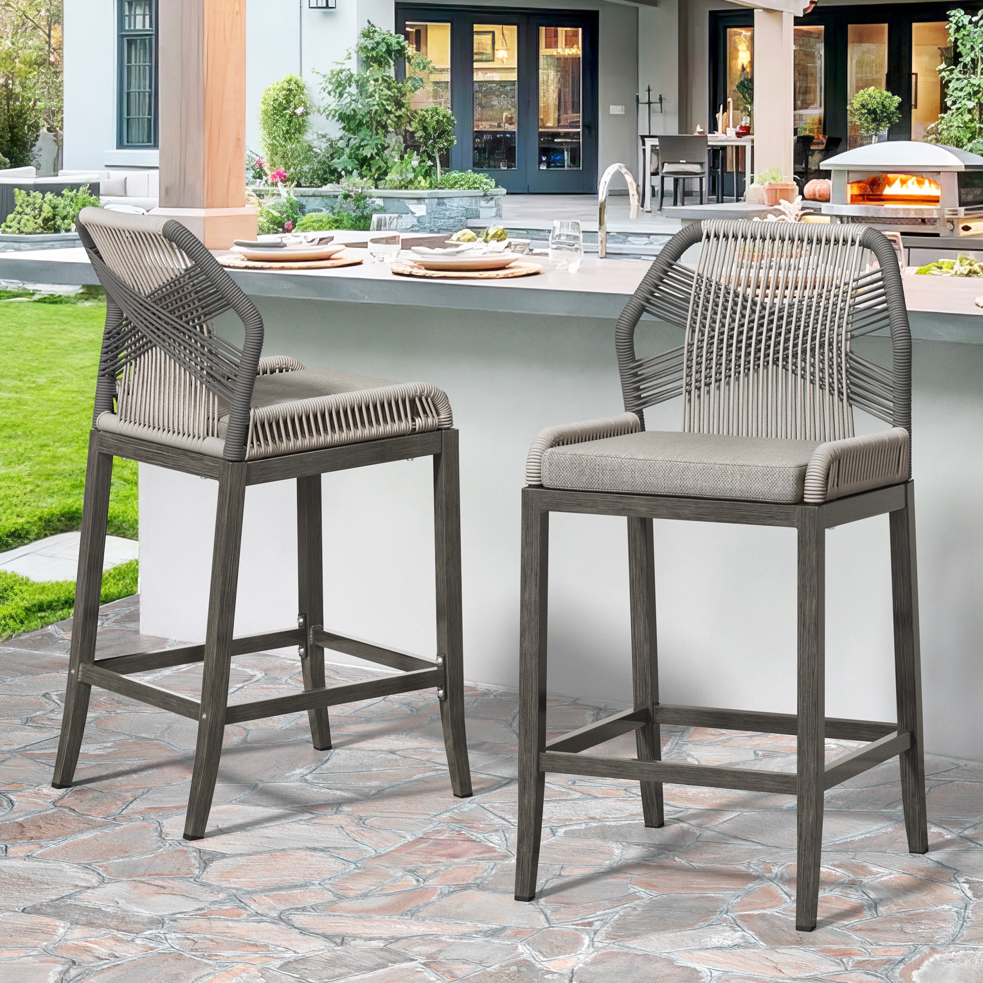 Yurevna JY-038-04LS Aluminum Patio Bar Set of 2 Wicker Dark Grey Aluminum Frame Stationary Bar Stool Chair with Dark gray Cushioned Seat
