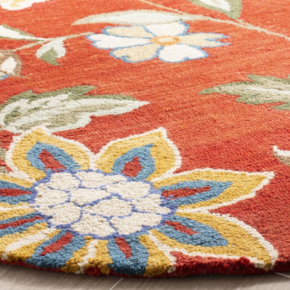 Ivory and Rust Floral Handmade Wool Round Rug