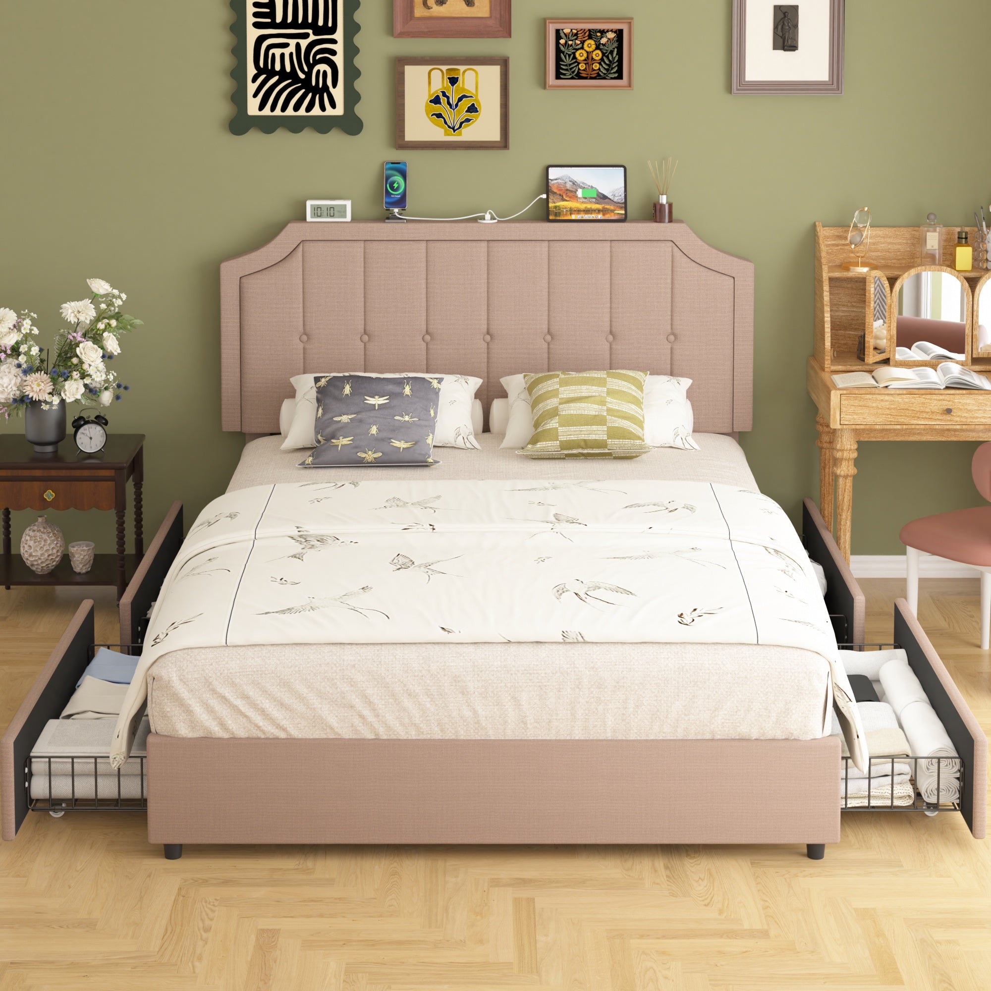 Vecelo LOE-RF02-UP-BGE Full Size Platform Bed Frame with 4 Storage Drawers Fabric Upholstered Headboard Built in USB and Type C Ports Easy Assembly