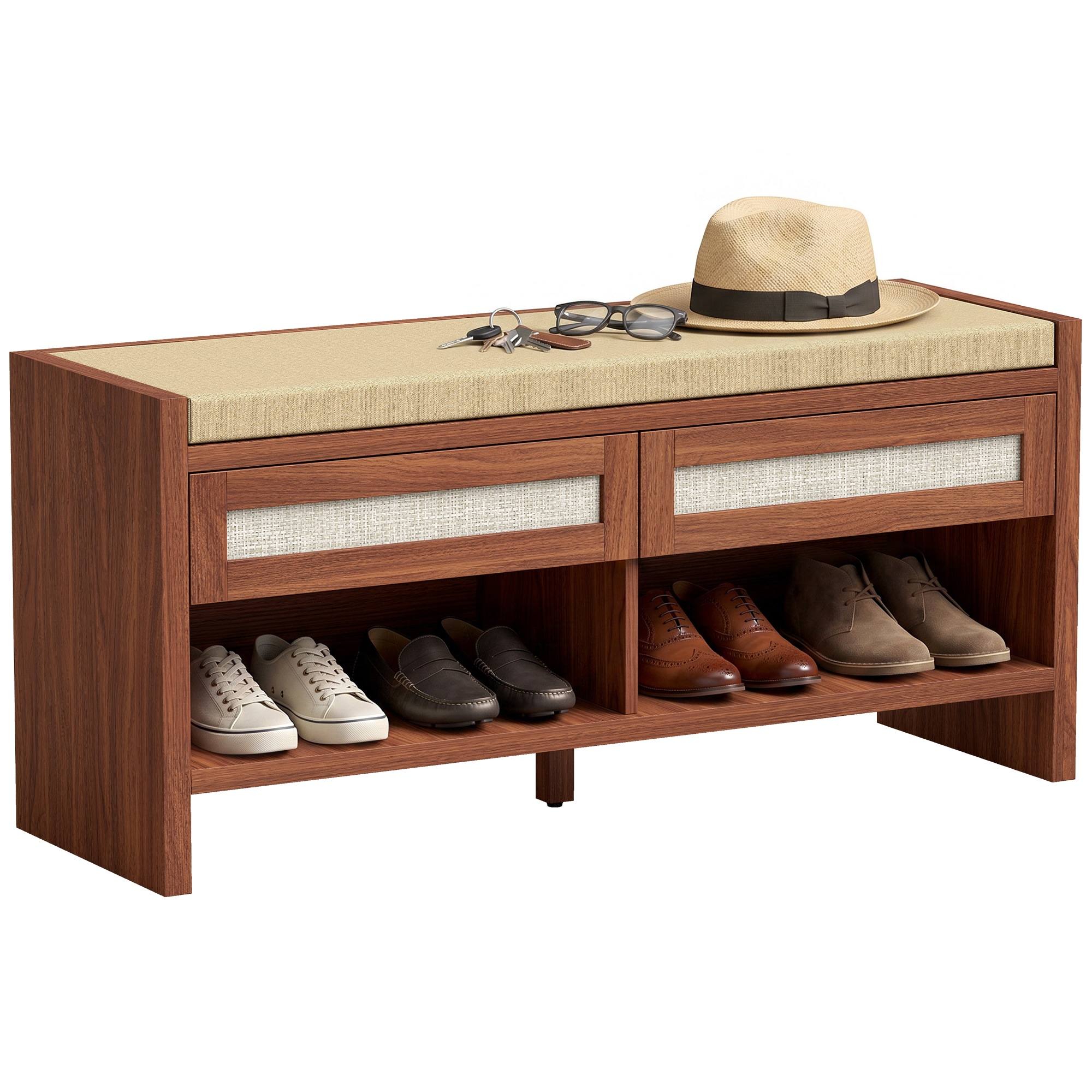 HomCom  Shoe Bench with 2 Rattan Drawers Boho Shoe Storage Bench with Linen Look Cushioned Seat and Open Shelf for Entryway Living Room Bedroom 42.5 W x 13.8 D x 19.7 H Brown