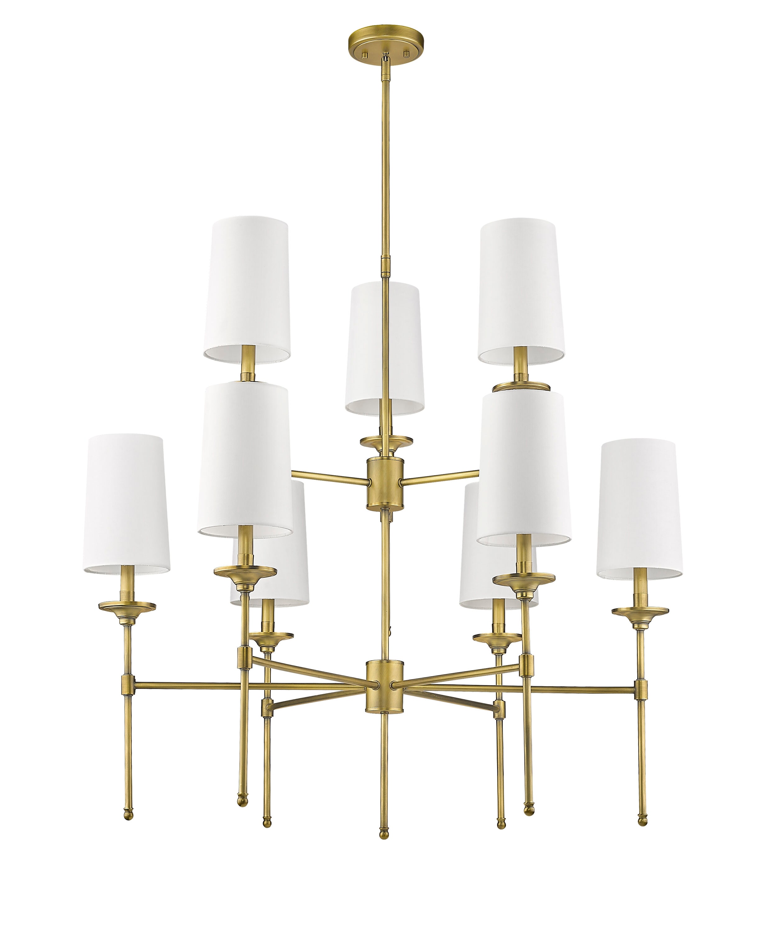 Emily Rubbed Brass 9-Light Chandelier with Off-White Shades
