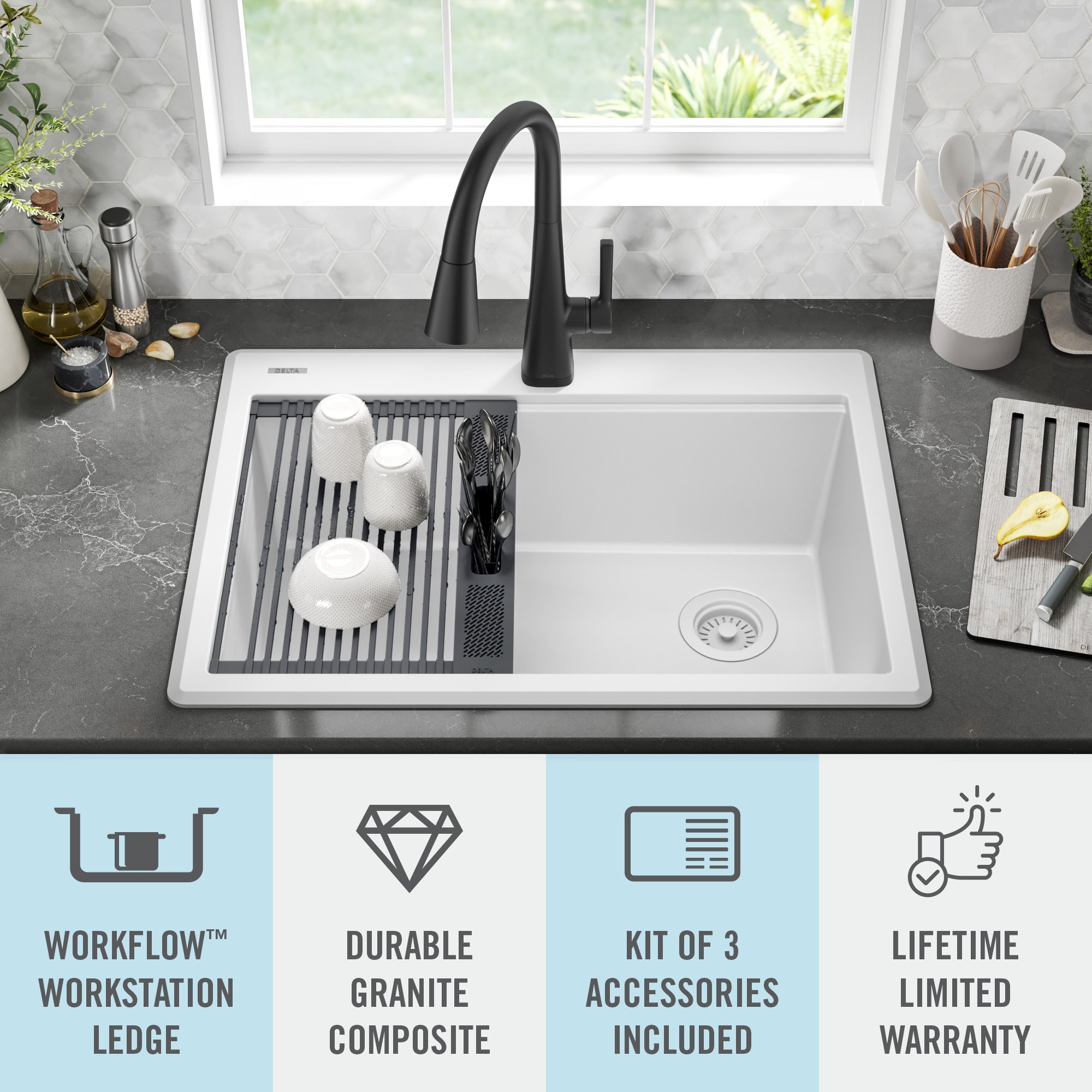 Delta - Rivet 25in Workstation Kitchen Sink Drop-In Top Mount 16 Gauge Stainless Steel Single Bowl with Workflow Ledge and Accessories