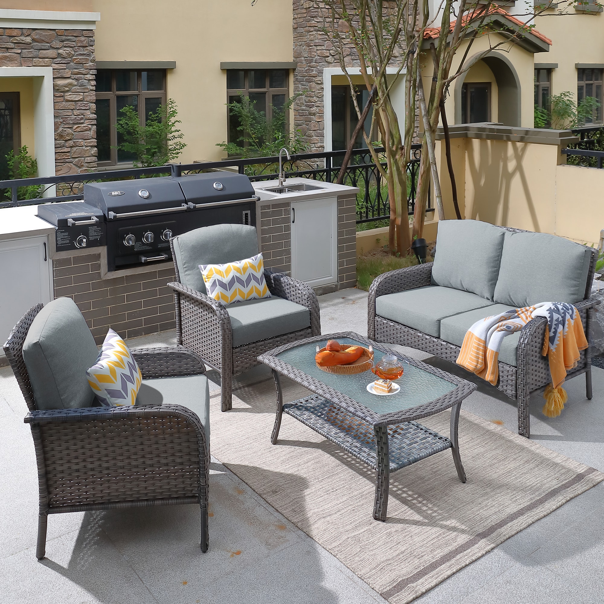 XIZZI XIGNDS2042 Chrysoberyl 4 -Piece Rattan Patio Conversation Set with Dark Gray Cushions