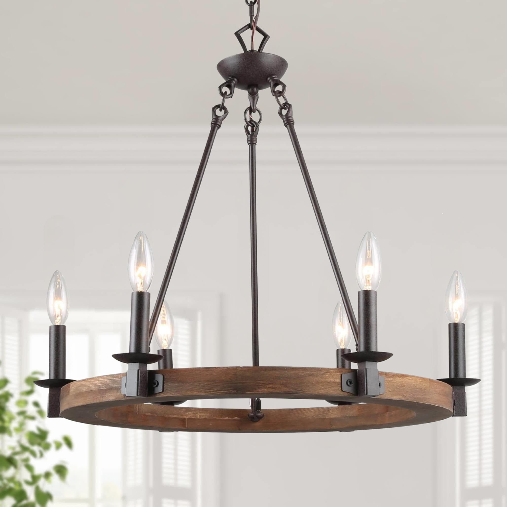 LNC Laius 6-Light Rusty Bronze and Natural Pine Wood Farmhouse LED Dry ...