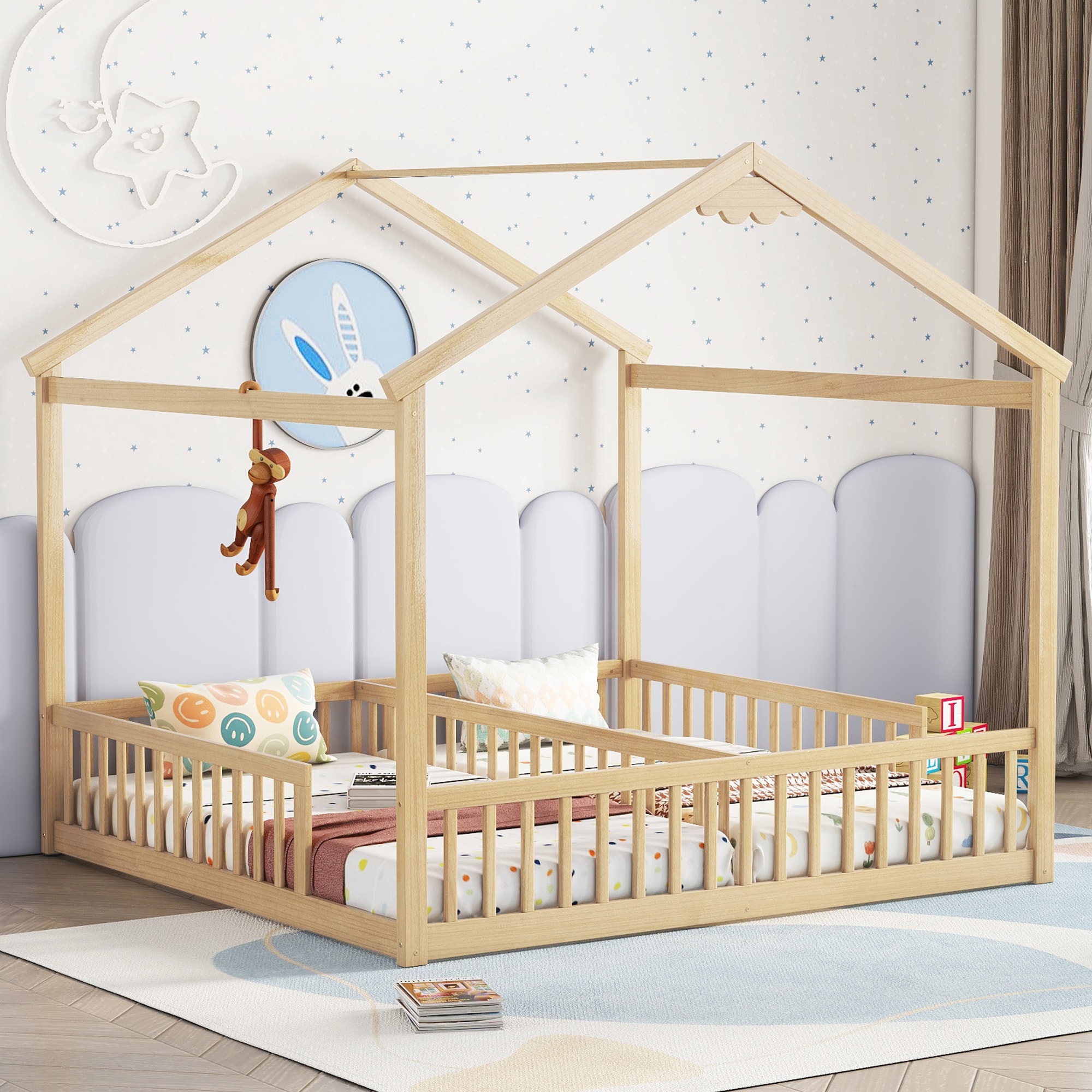 LOVMOR SF-Y-W504P308461 Double Twin House Style Floor Bed with Fence Guardrails without door Natural