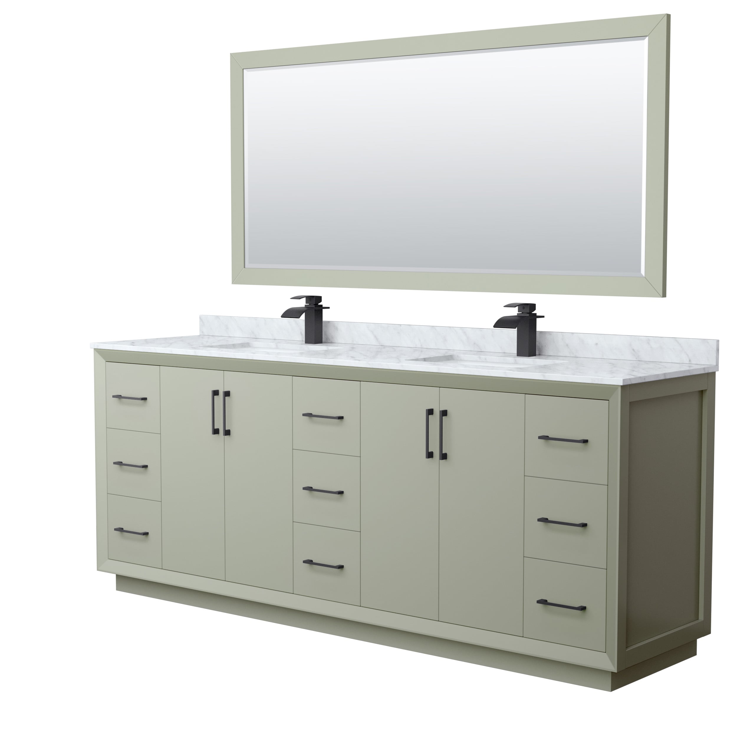 Wyndham Collection WCF414184DLBCMUNSM70 Strada 84-in Light Green with Matte Black Trim Undermount Double sink Bathroom Vanity with White Carrara marble Natural marble Top (Mirror Included)