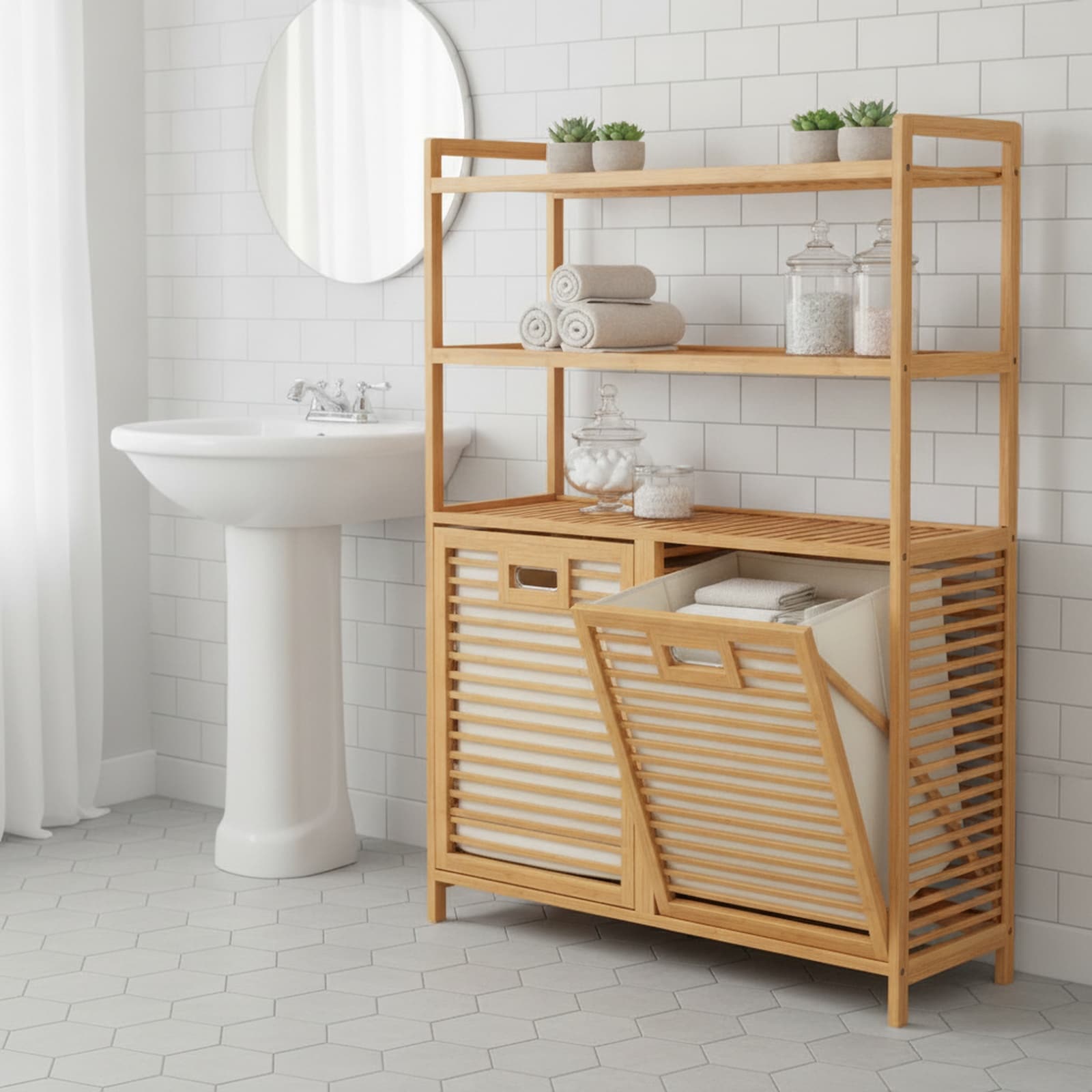 SUGIFT Double Tilt Out Laundry Hamper with 3 Shelves and 2 Removable Baskets Bamboo Laundry Sorter Cabinet Organizer for Bathroom Bedroom