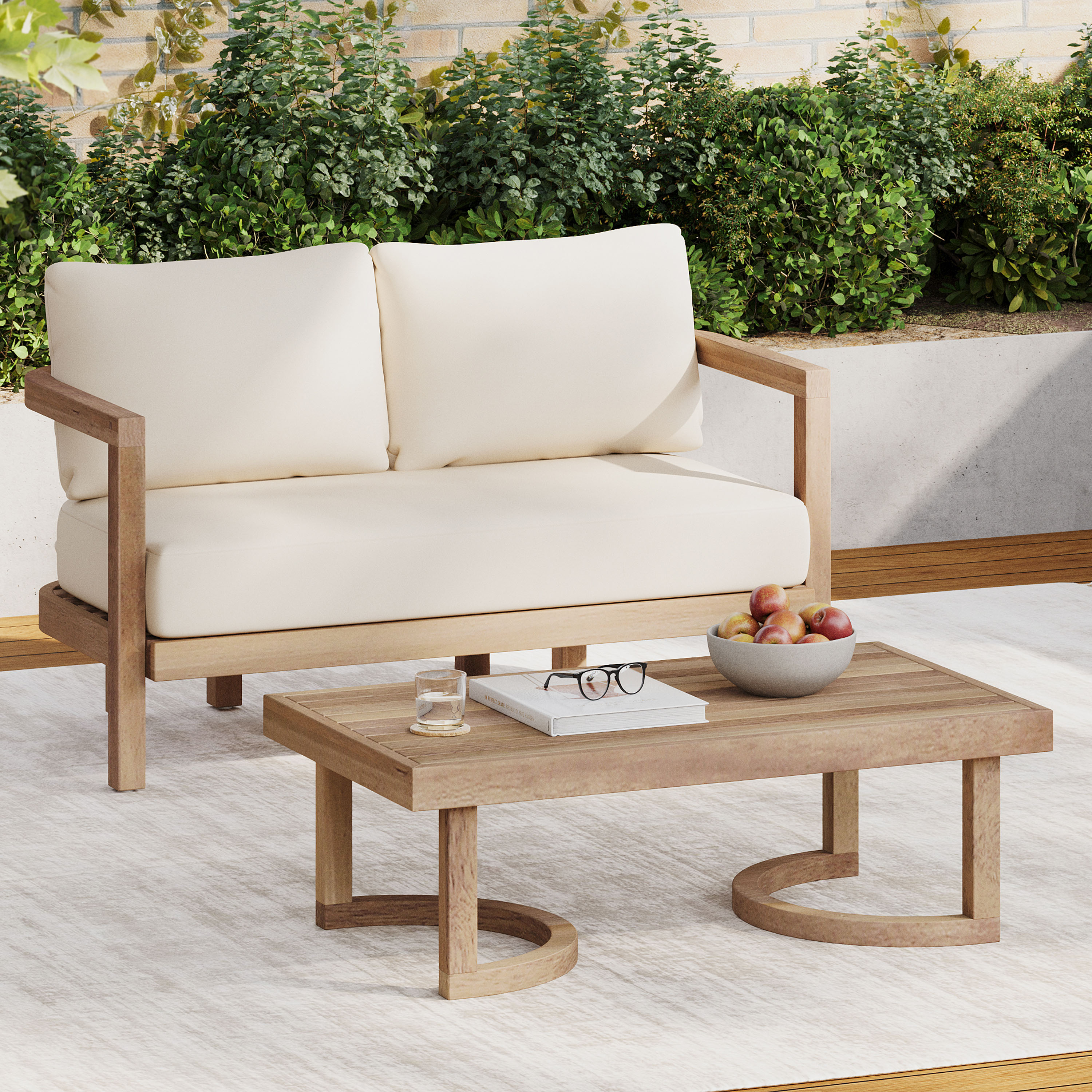 Christopher Knight Home 319225 Wichita Outdoor Acacia Wood Transitional Loveseat and Coffee Table with Cushions