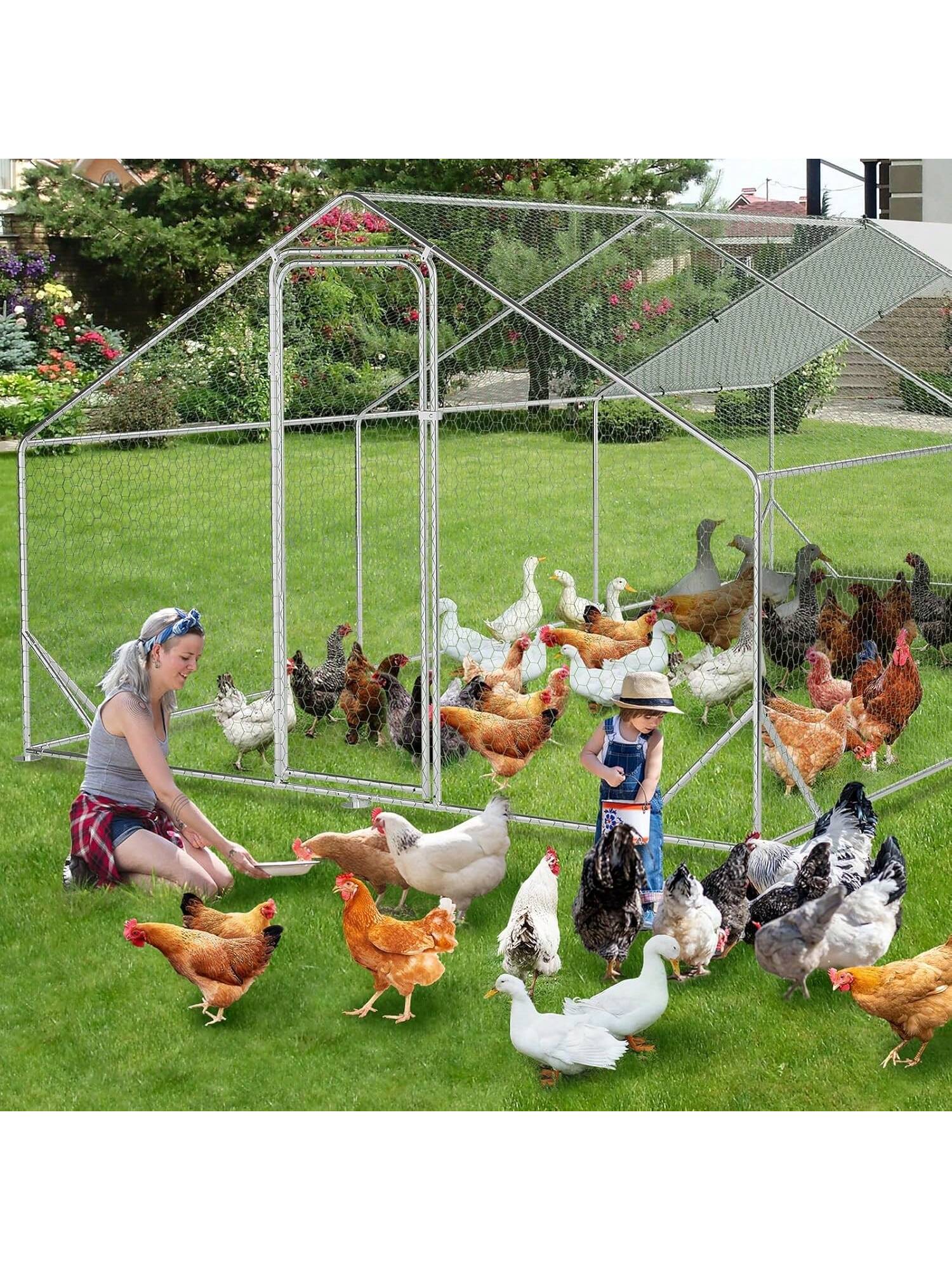 WhizMax BY02-PHO-33LAVUQ5 Chicken Coop Run  Galvanized Steel Chicken Pen with Anti Ultraviolet Waterproof Cover  Spire Roof Walk in Poultry Cage  Metal Chicken Coop for Outdoor Farm Use