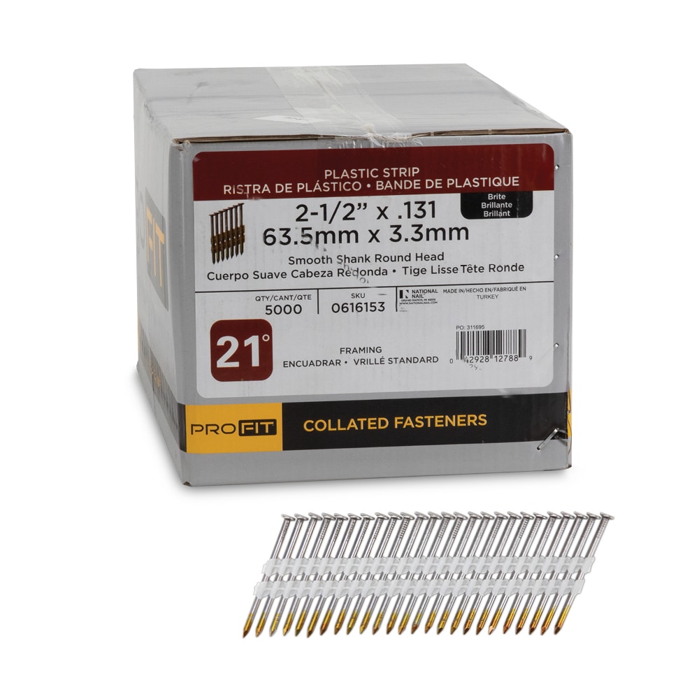 PRO-FIT 0616153 2-1/2-in x 0.131-Inches 21 -Degree Bright Smooth Shank Collated Framing nails ( 5000 -Per Box )